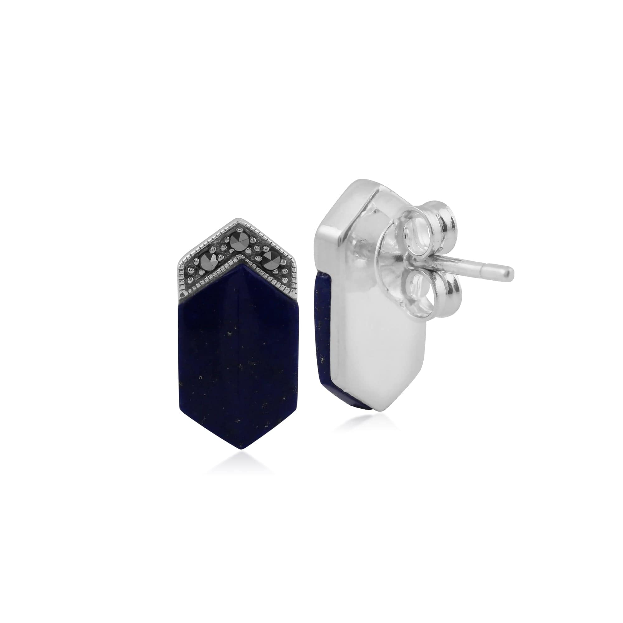 214E683202925 Art Deco Style Lapis Lazuli Cabochon & Marcasite Long Hexagon Studs in 925 Sterling Silver 2