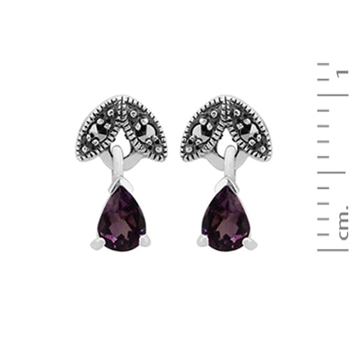 Art Nouveau Style Pear Amethyst & Marcasite Drop Earrings in 925 Sterling Silver - Gemondo