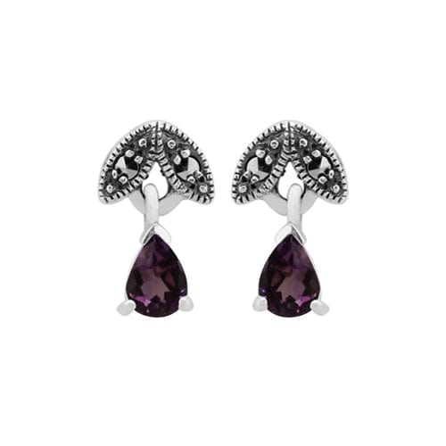 Art Nouveau Style Pear Amethyst & Marcasite Drop Earrings in 925 Sterling Silver - Gemondo