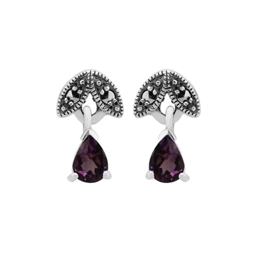 Art Nouveau Style Pear Amethyst & Marcasite Drop Earrings in 925 Sterling Silver - Gemondo