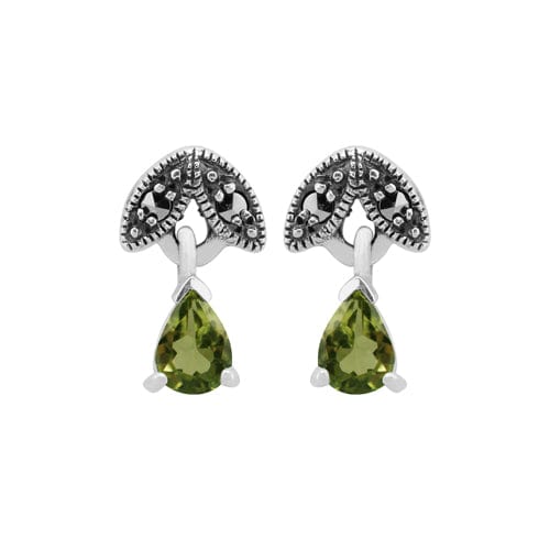 Art Nouveau Style Pear Peridot & Marcasite Drop Earrings in 925 Sterling Silver - Gemondo