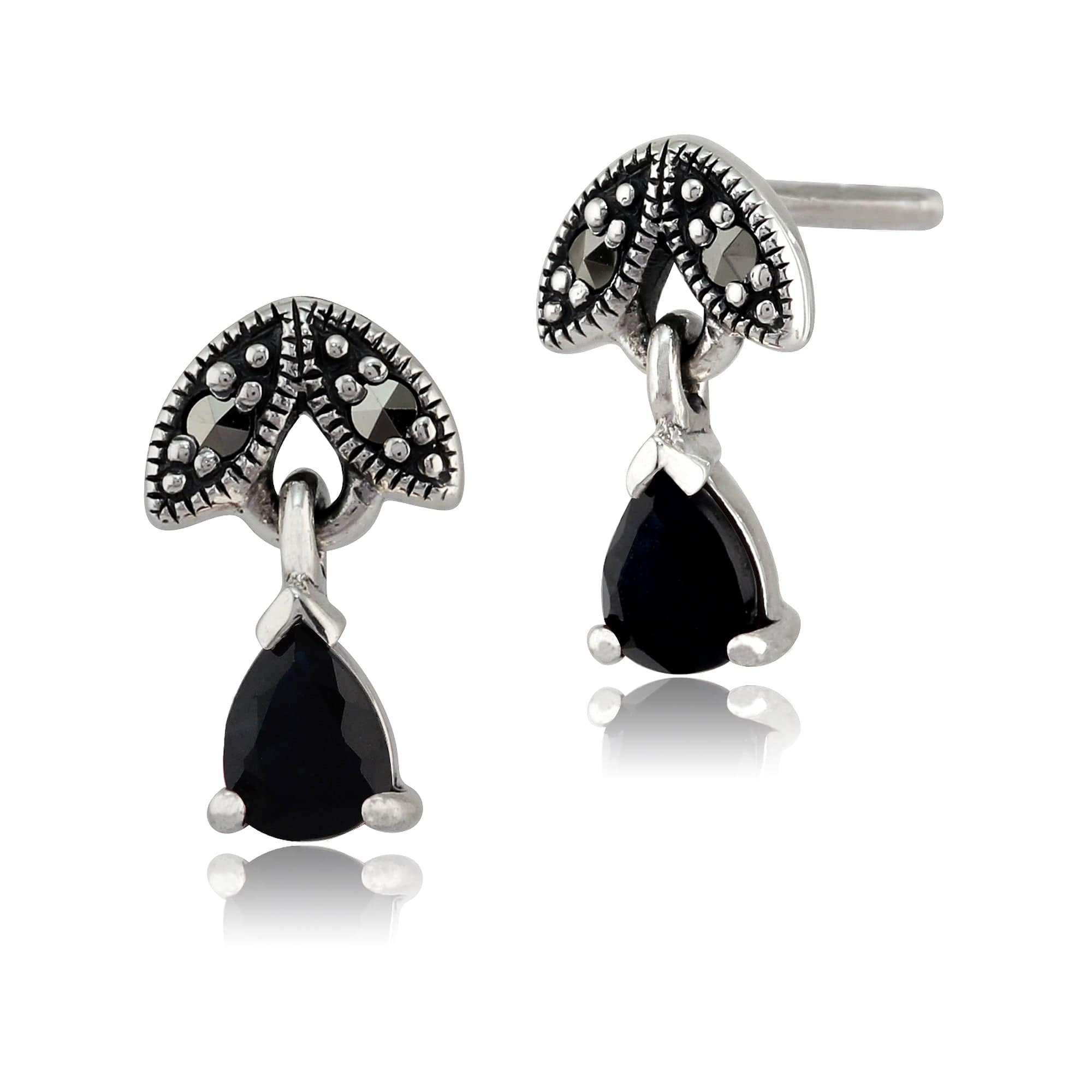 Art Nouveau Style Pear Sapphire & Marcasite Drop Earrings in 925 Sterling Silver