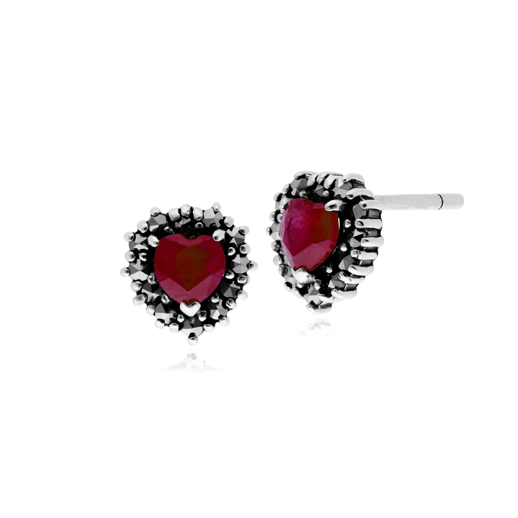 214E725708925 Gemondo Sterling Silver Ruby & Marcasite Heart Stud Earrings 1