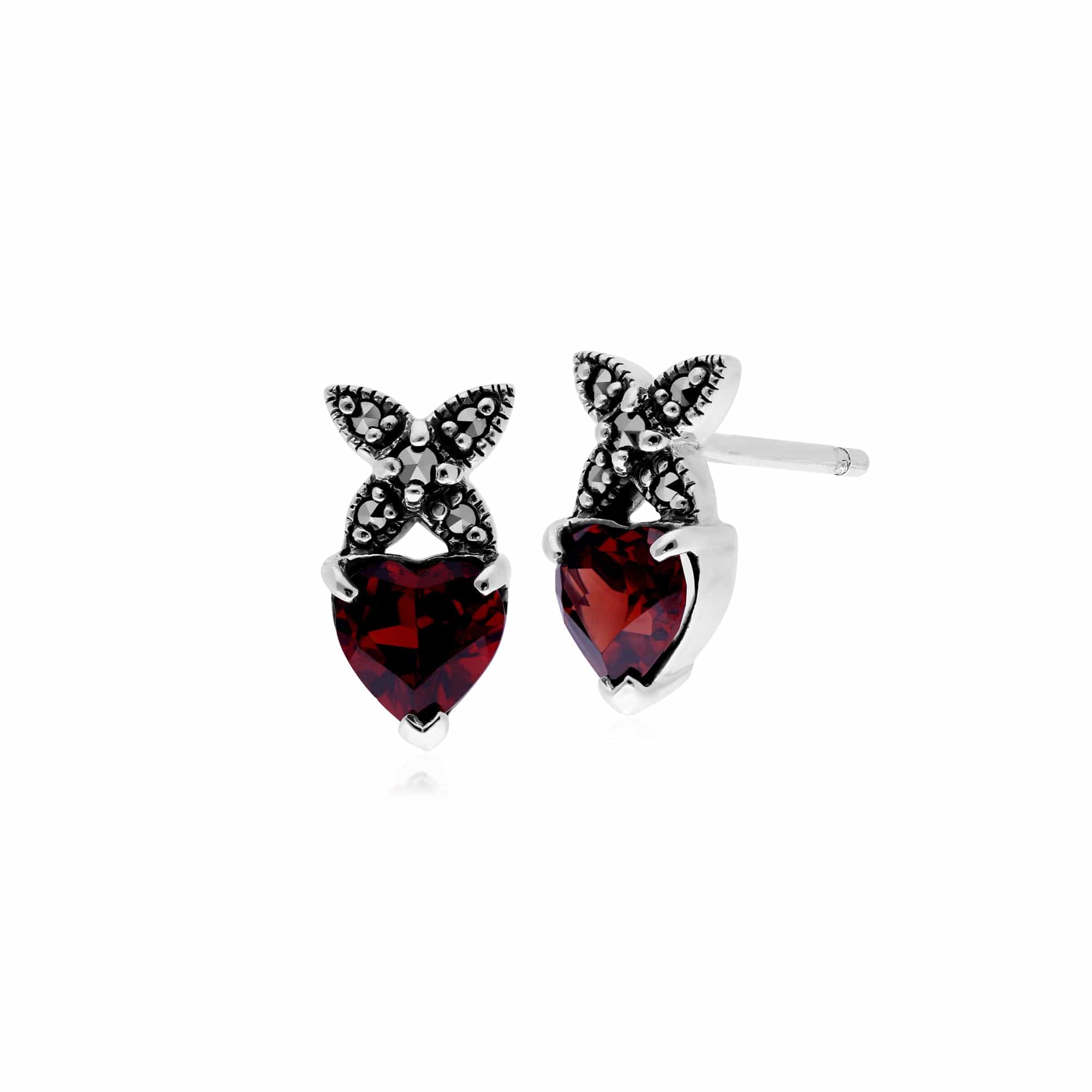 Sterling Silver Mozambique Garnet & Marcasite January Heart Stud Earrings - Gemondo