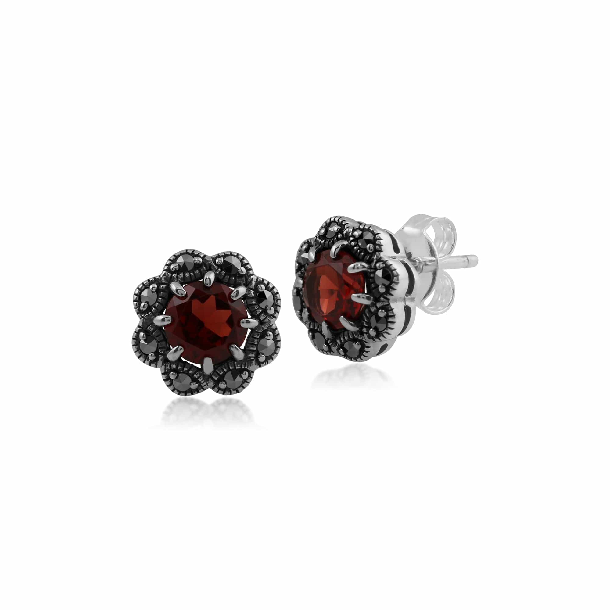 Art Nouveau Style Round Garnet & Marcasite Floral Stud Earrings & Ring Set in 925 Sterling Silver - Gemondo