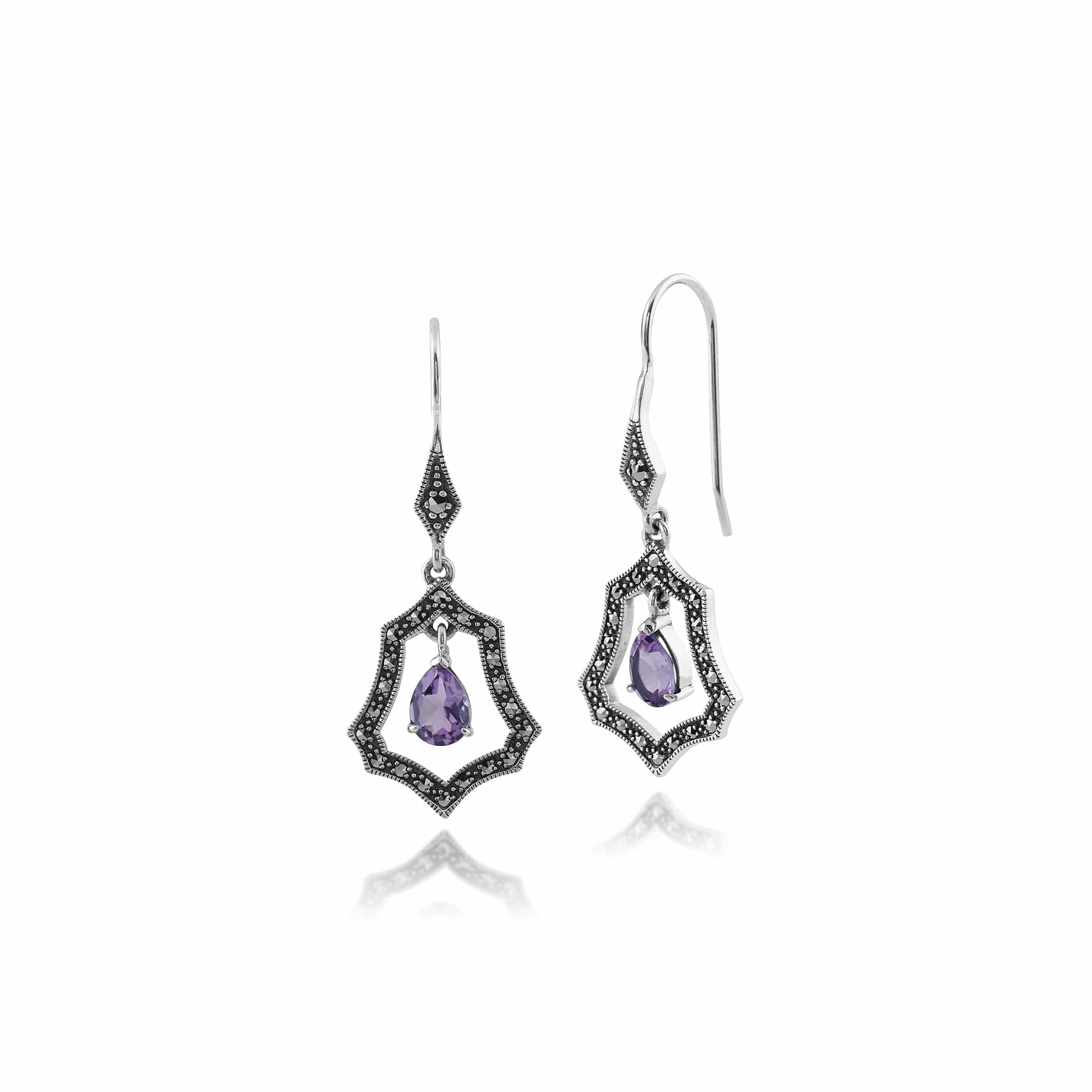 Art Nouveau Style Pear Amethyst & Marcasite Halo Drop Earrings in 925 Sterling Silver - Gemondo