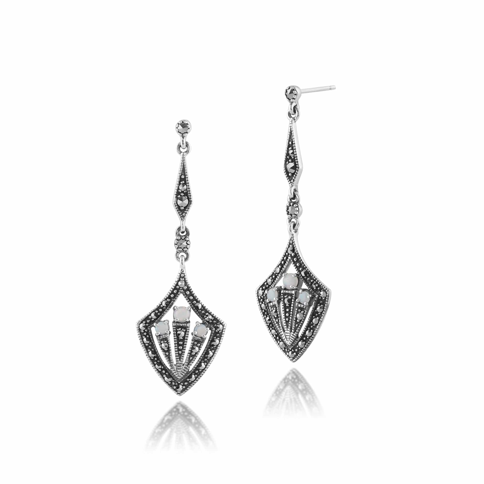 Art Deco Style Round Opal Cabochon & Marcasite Drop Earrings 