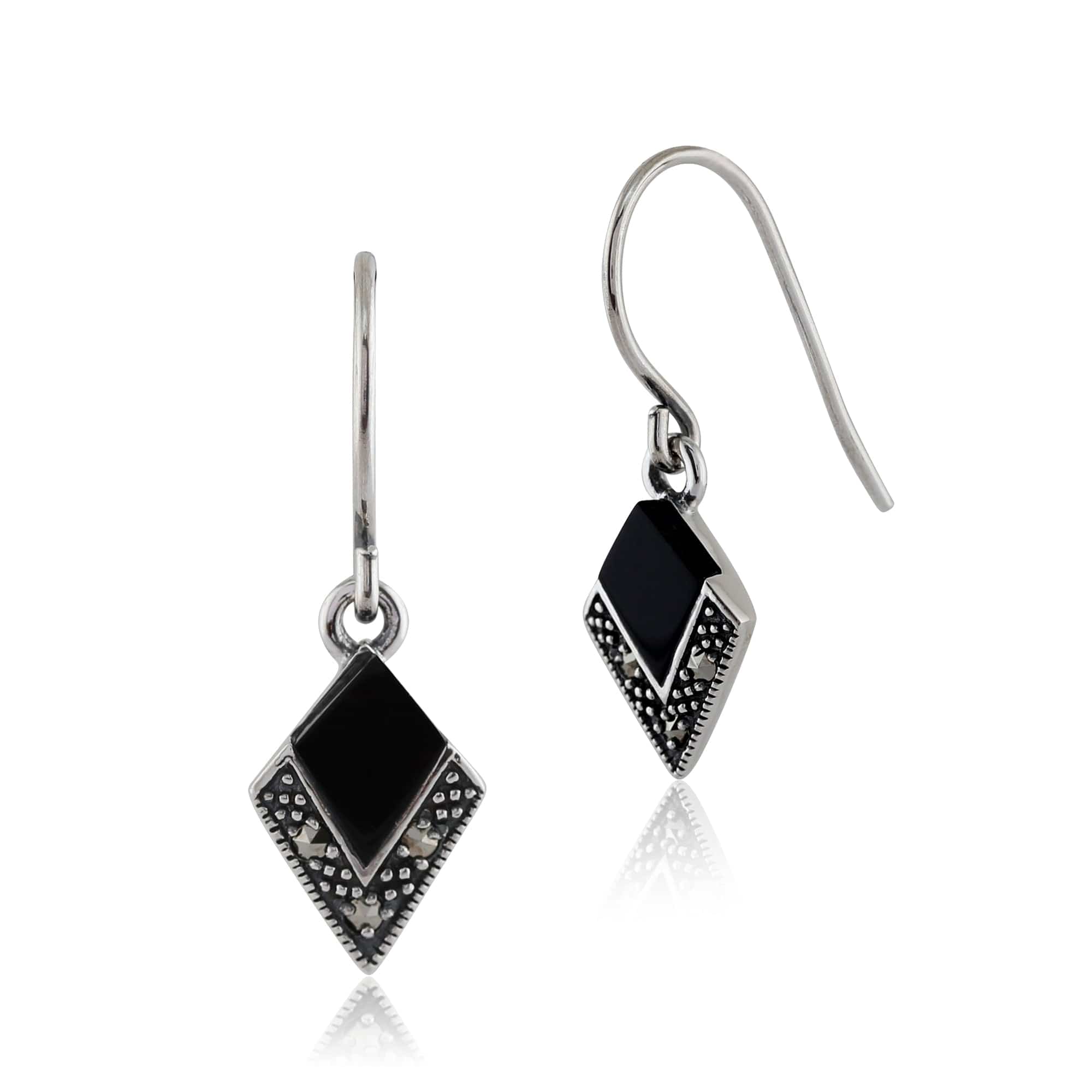 Art Deco Black Onyx & Marcasite Kite Drop Earrings & Pendant Set Image 2