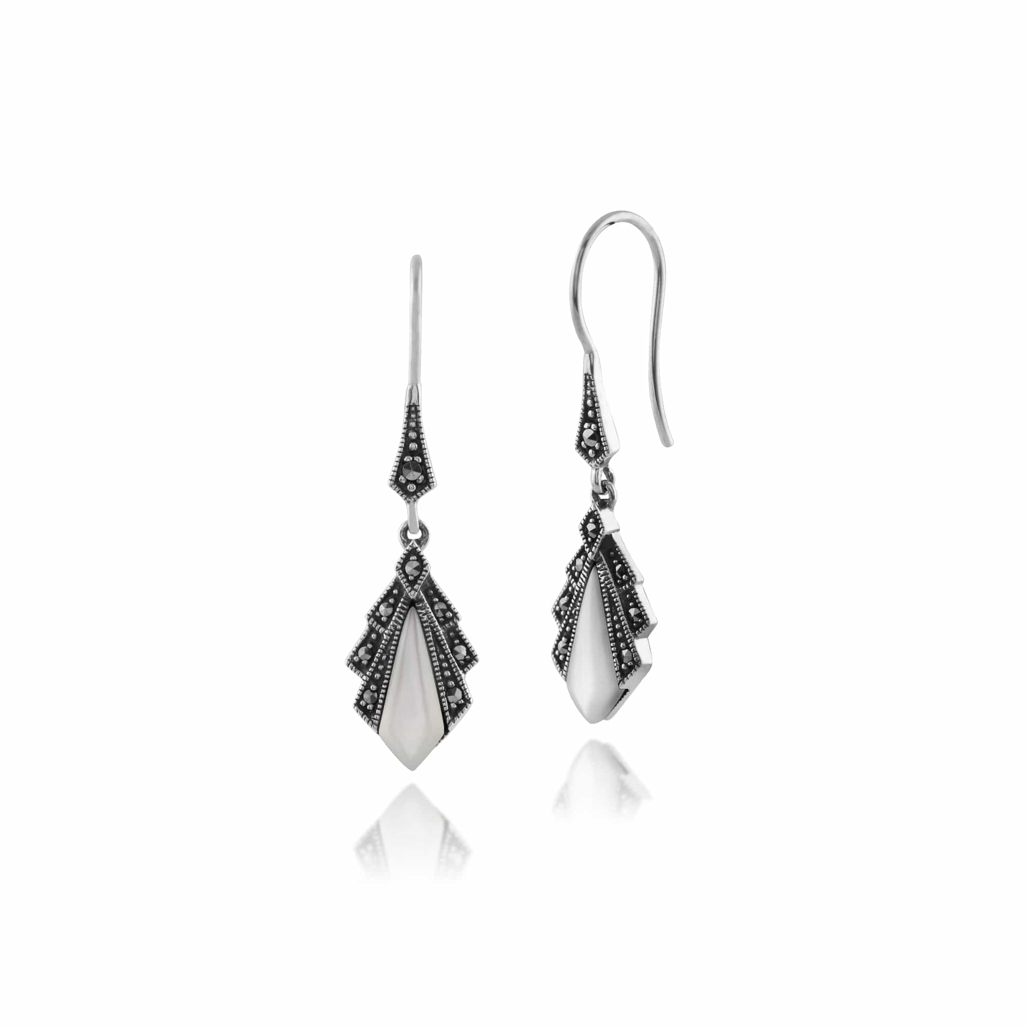 Art Deco Style Diamond Mother of Pearl & Marcasite Drop Earrings in 925 Sterling Silver