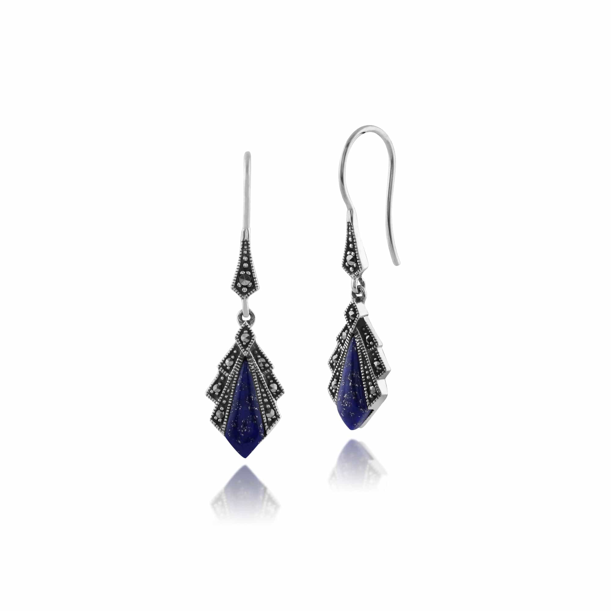 Art Deco Lapis Lazuli & Marcasite Fan Drop Earrings & Pendant Set Image 2