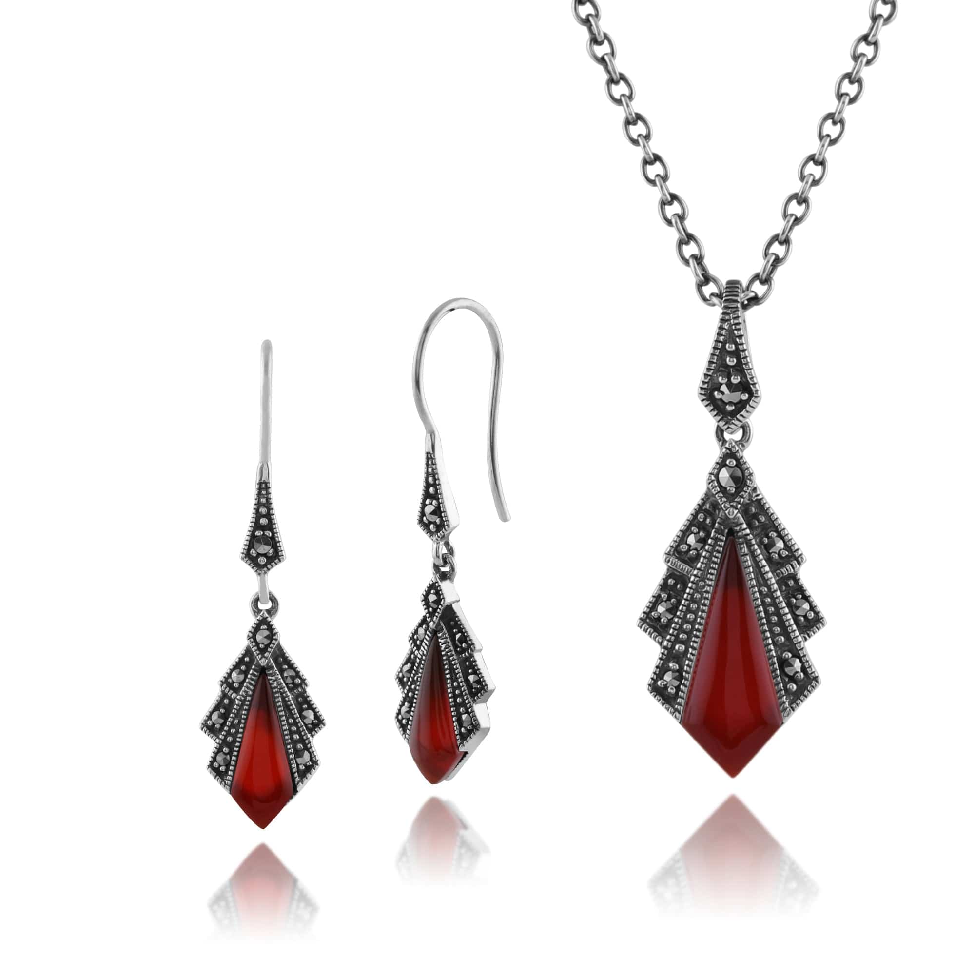Art Deco Carnelian & Marcasite Fan Drop Earrings & Pendant Set Image 1