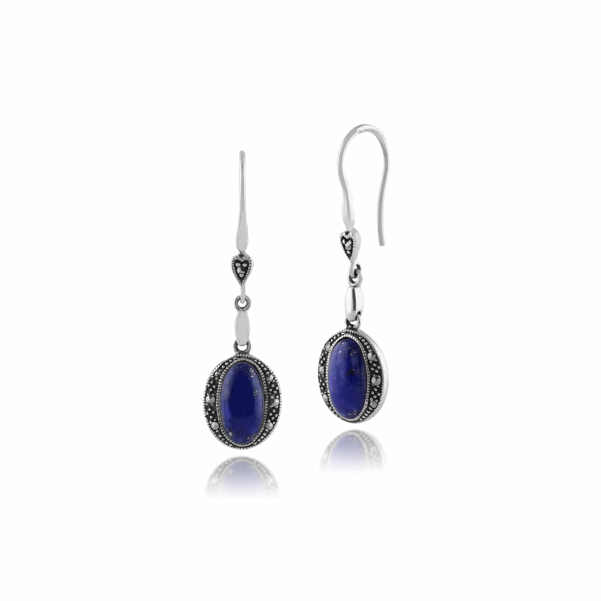 Art Deco Style Oval Lapis Lazuli Cabochon & Marcasite Drop Earrings in 925 Sterling Silver - Gemondo
