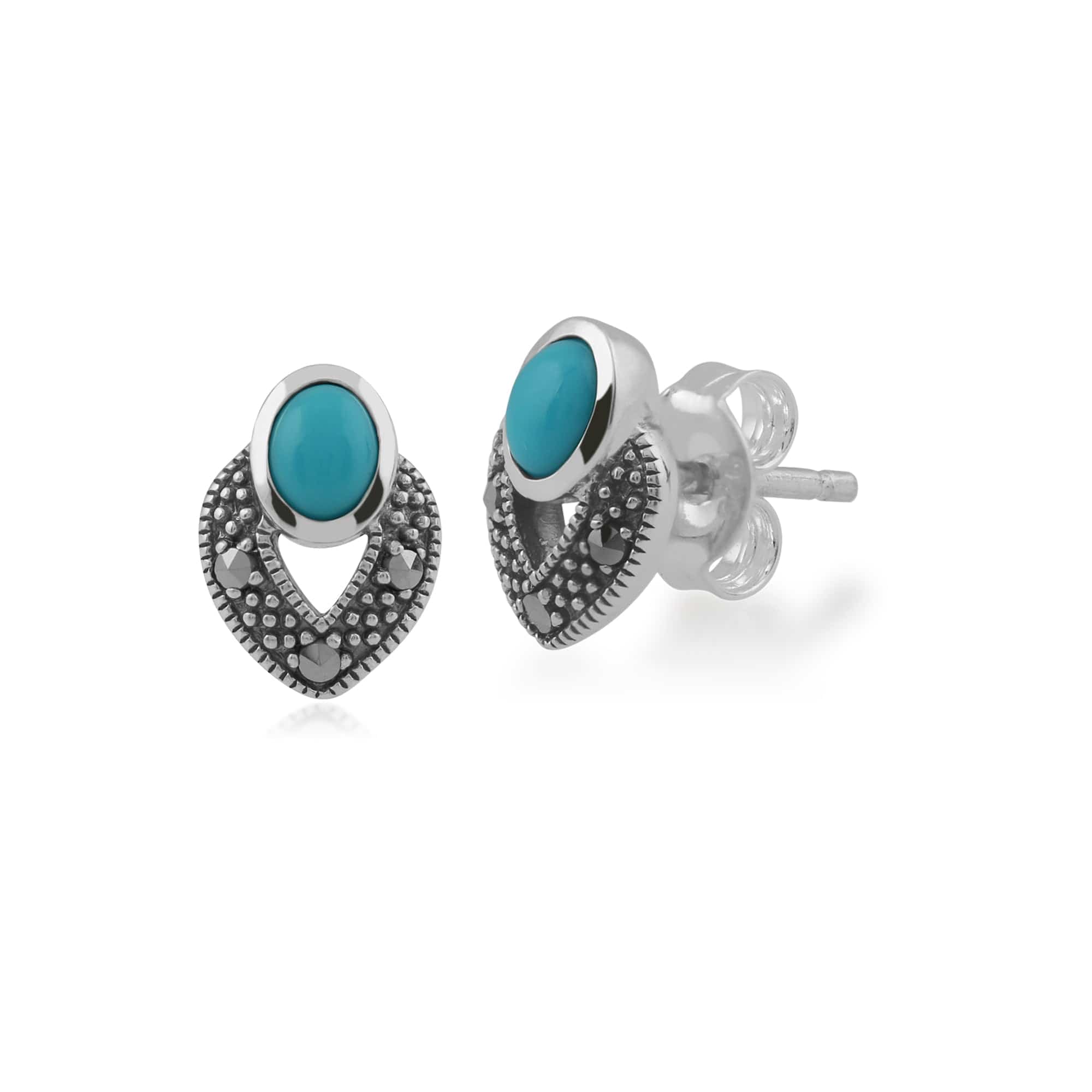 Art Deco Style Oval Turquoise & Marcasite Stud Earrings & Pendant Set in Sterling Silver - Gemondo