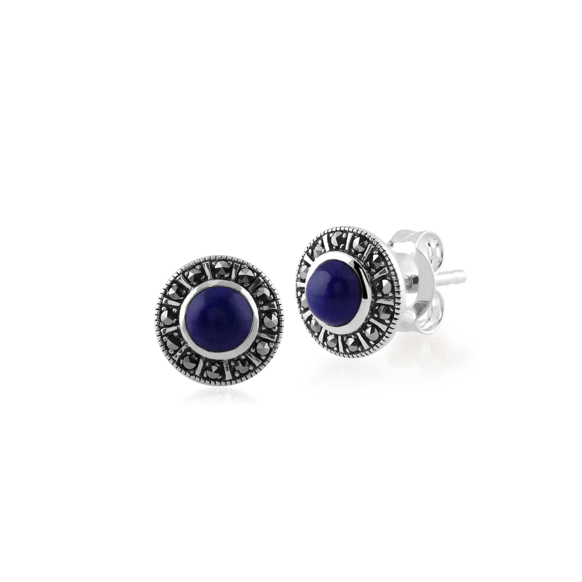 Art Deco Stud Earring Lapis Lazuli Earrings Marcasite Silver