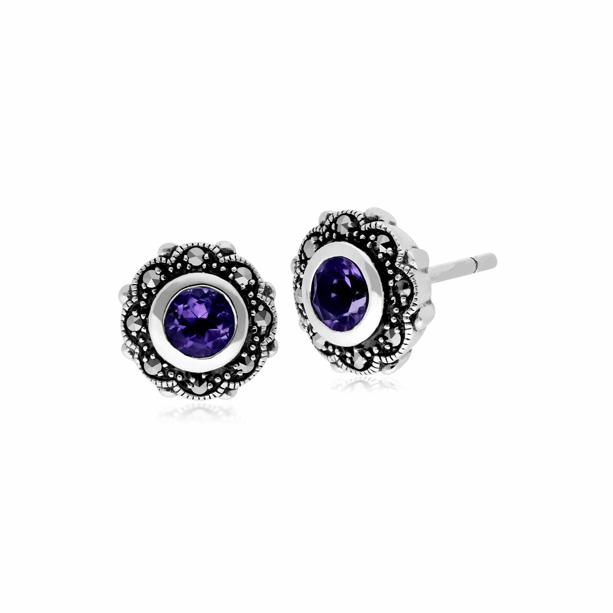 Art Nouveau Style Round Amethyst & Marcasite Floral Stud Earrings in 925 Sterling Silver - Gemondo