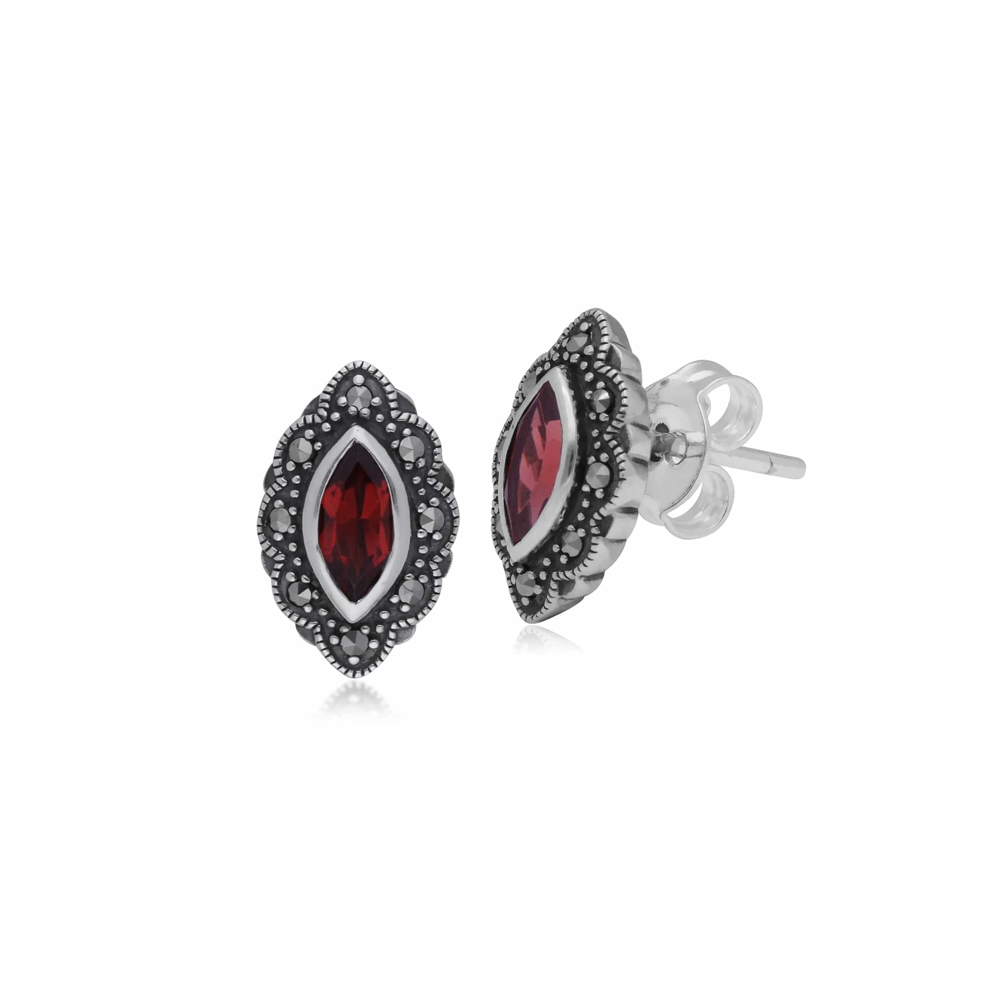 214E852505925 Art Nouveau Marquise Garnet & Marcasite Stud Earrings in 925 Sterling Silver 1