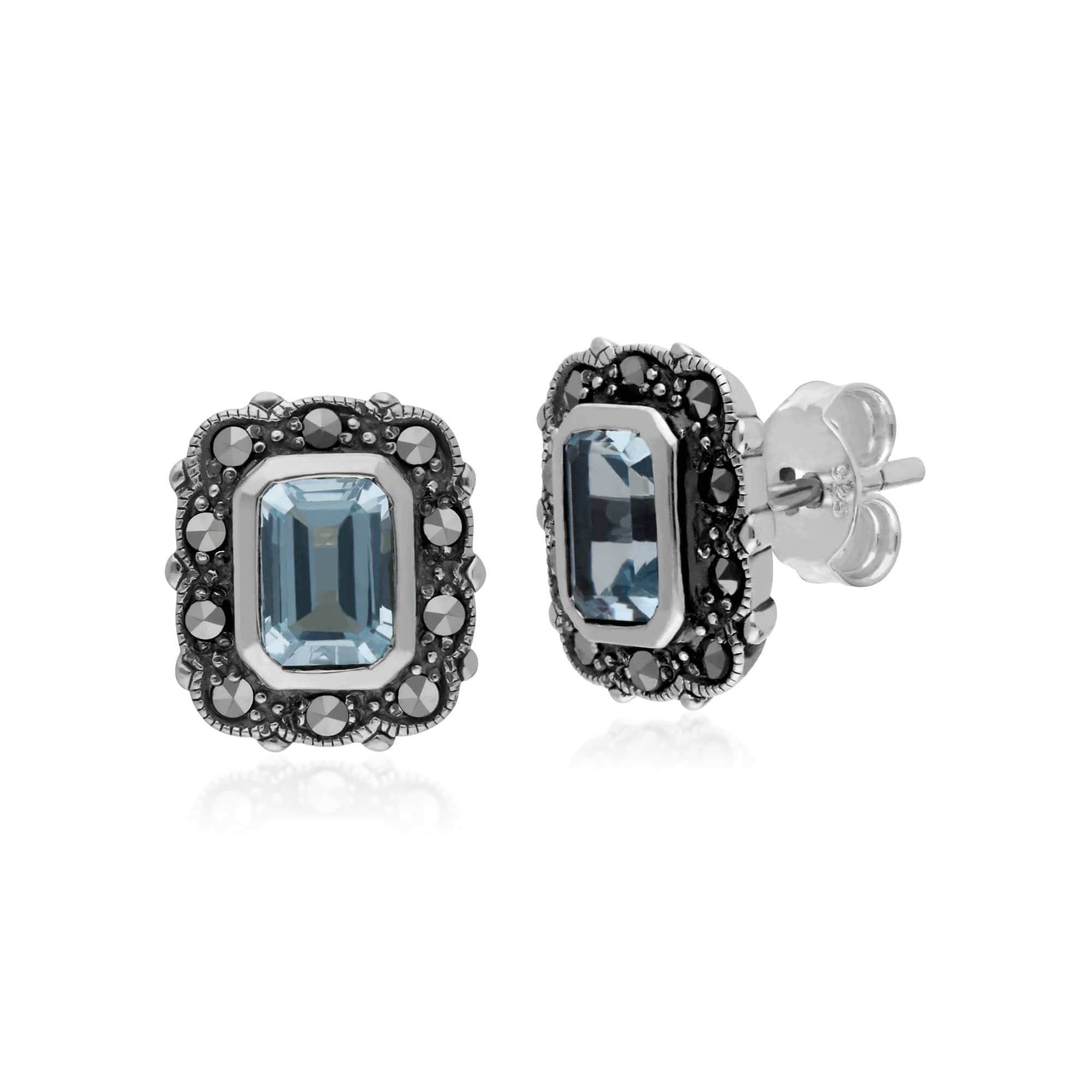 Gemondo Sterling Silver Blue Topaz & Marcasite Octagon Art Nouveau Earrings - Gemondo