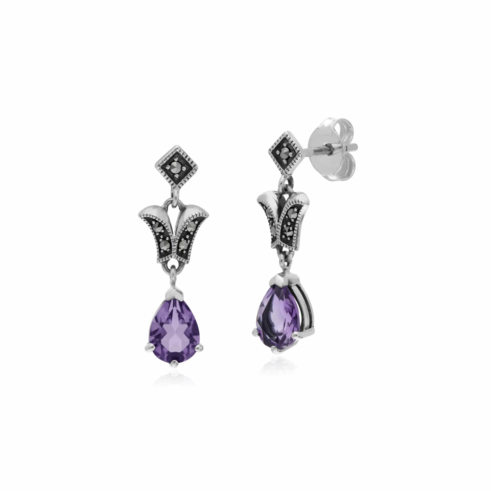 214E859601925 Art Nouveau Style Pear Amethyst & Marcasite Drop Earrings in 925 Sterling Silver 1