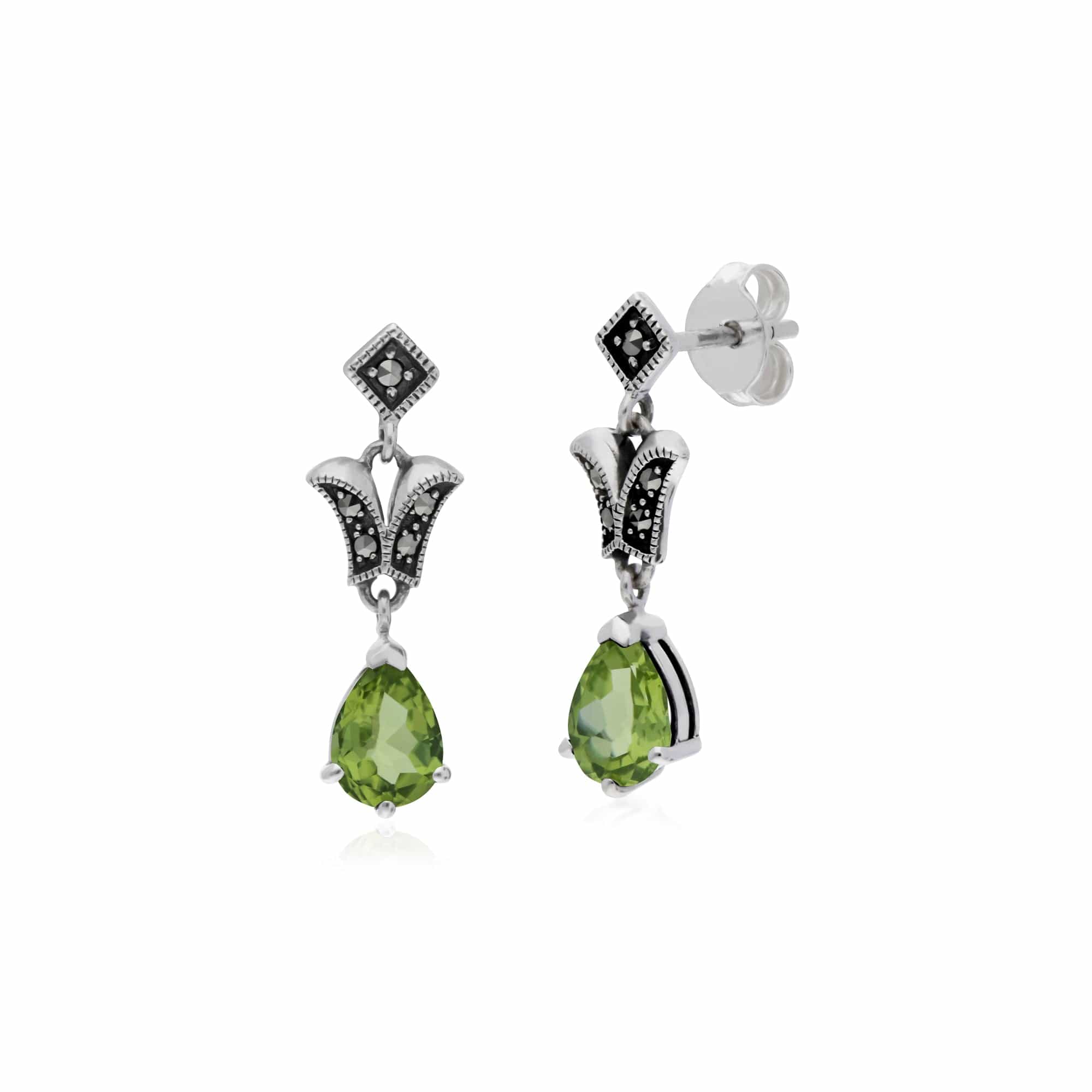 Art Nouveau Style Pear Peridot & Marcasite Drop Earrings in 925 Sterling Silver - Gemondo