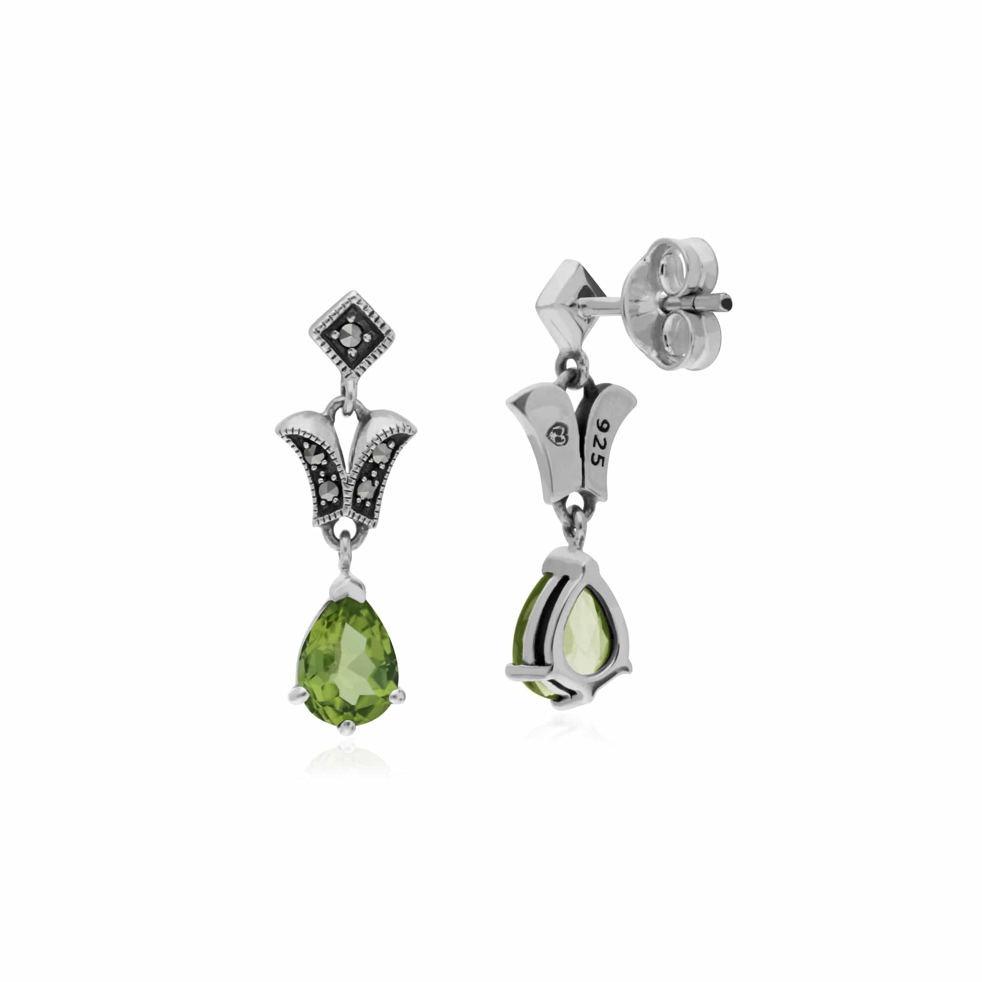 Art Nouveau Style Pear Peridot & Marcasite Drop Earrings in 925 Sterling Silver - Gemondo