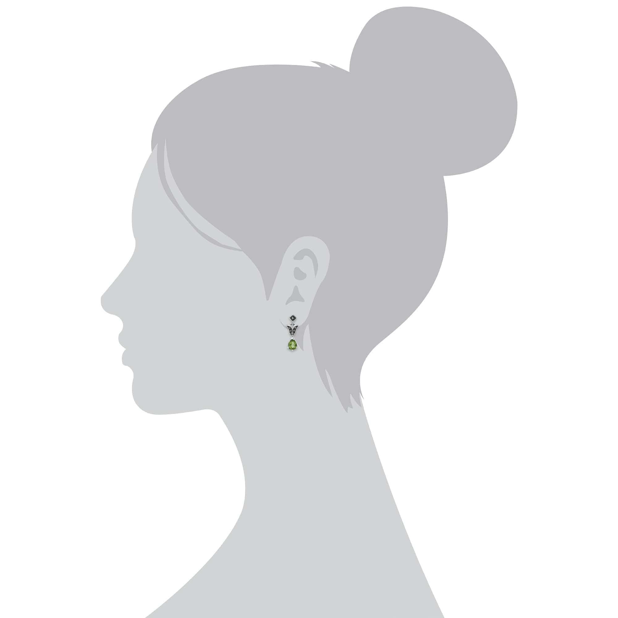 Art Nouveau Style Pear Peridot & Marcasite Drop Earrings in 925 Sterling Silver - Gemondo
