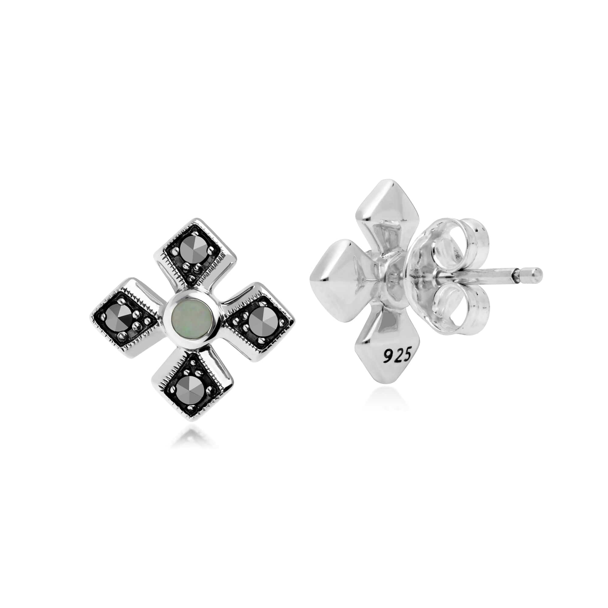 Art Deco Style Round Opal & Marcasite Gothic Style Cross Studs in 925 Sterling Silver - Gemondo