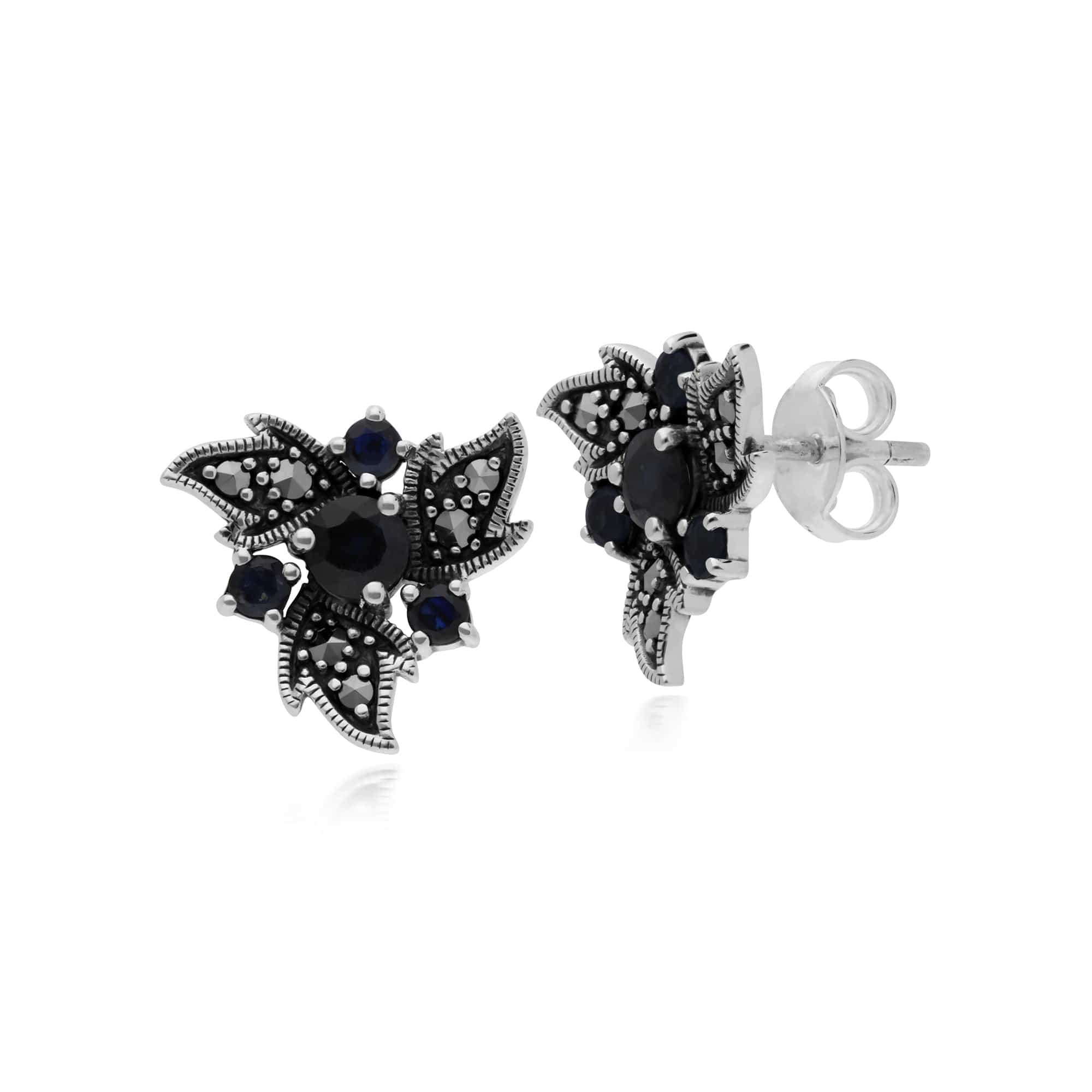 214E860406925 Gemondo Sterling Silver Sapphire & Marcasite Art Nouveau Floral Earrings 1