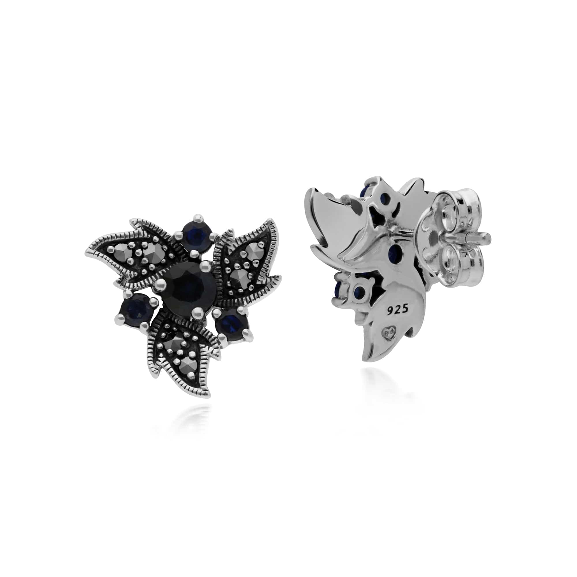 214E860406925 Gemondo Sterling Silver Sapphire & Marcasite Art Nouveau Floral Earrings 2