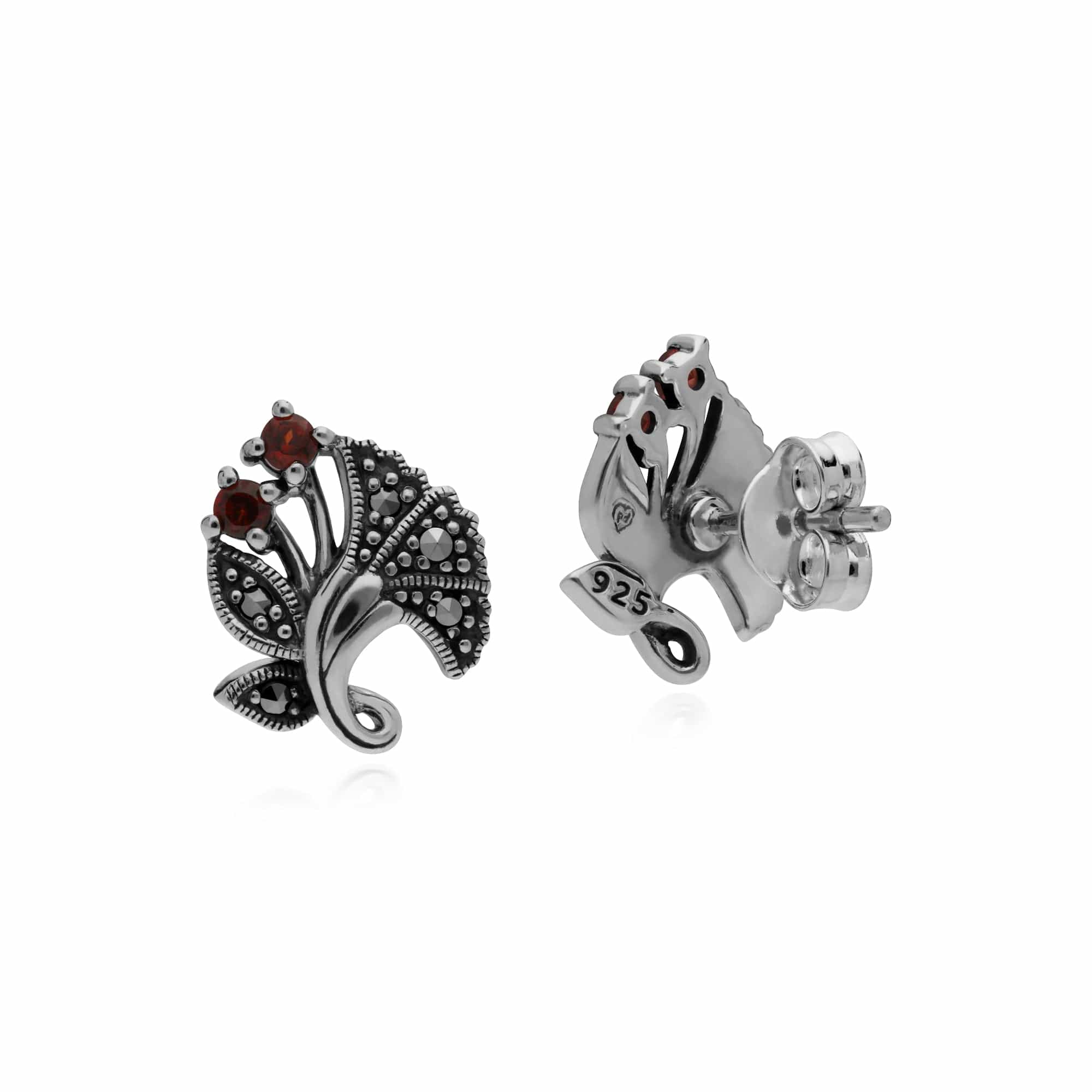214E860503925 Gemondo Sterling Silver Garnet & Marcasite January Art Nouveau Stud Earrings 2