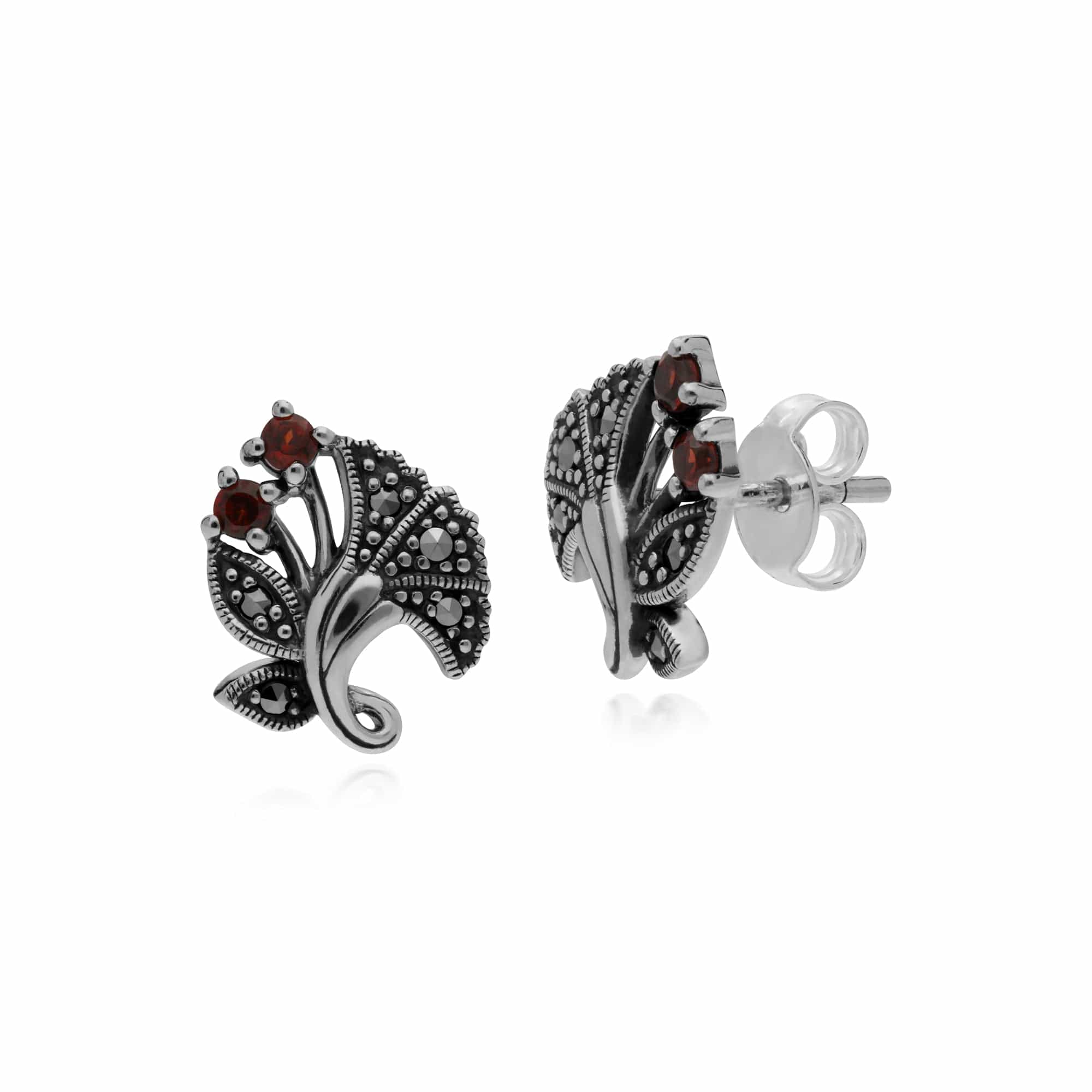214E860503925 Gemondo Sterling Silver Garnet & Marcasite January Art Nouveau Stud Earrings 1