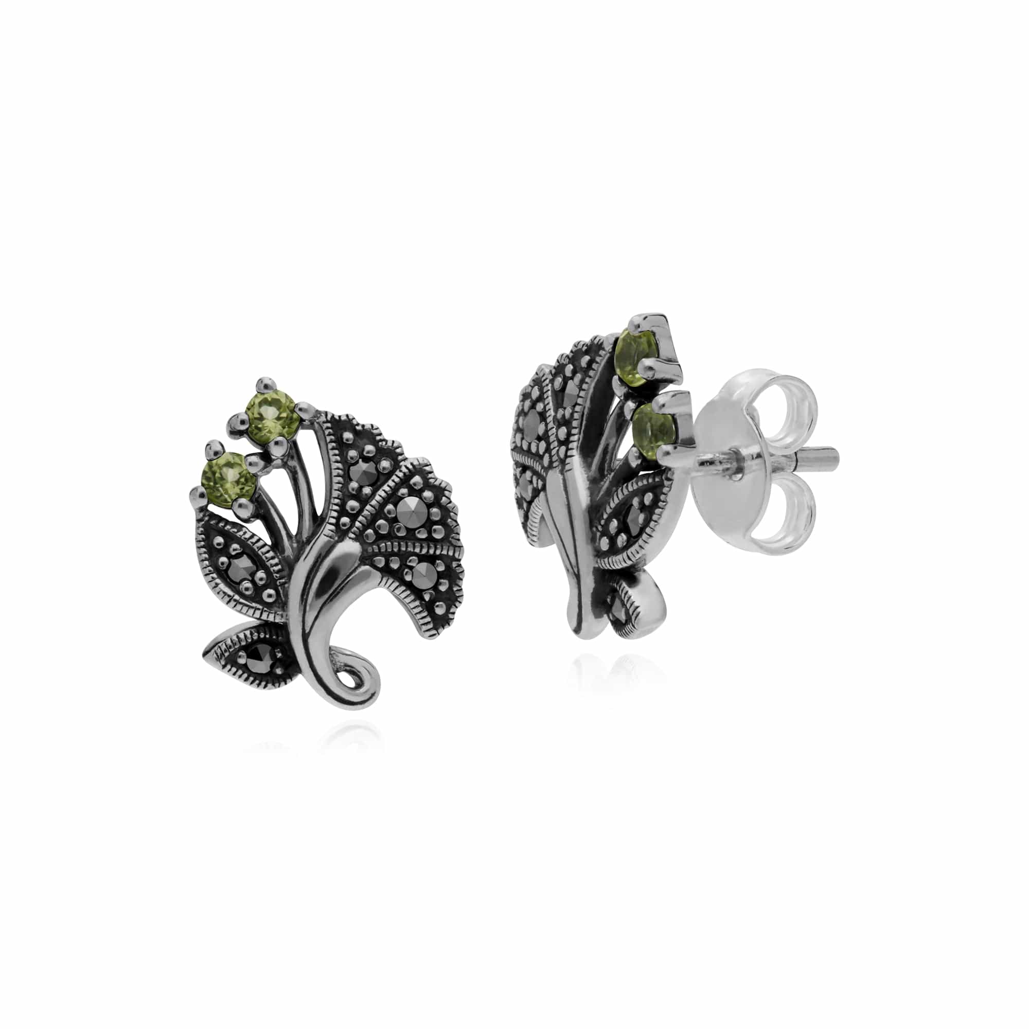 Gemondo Sterling Silver Peridot & Marcasite August Art Nouveau Stud Earrings - Gemondo