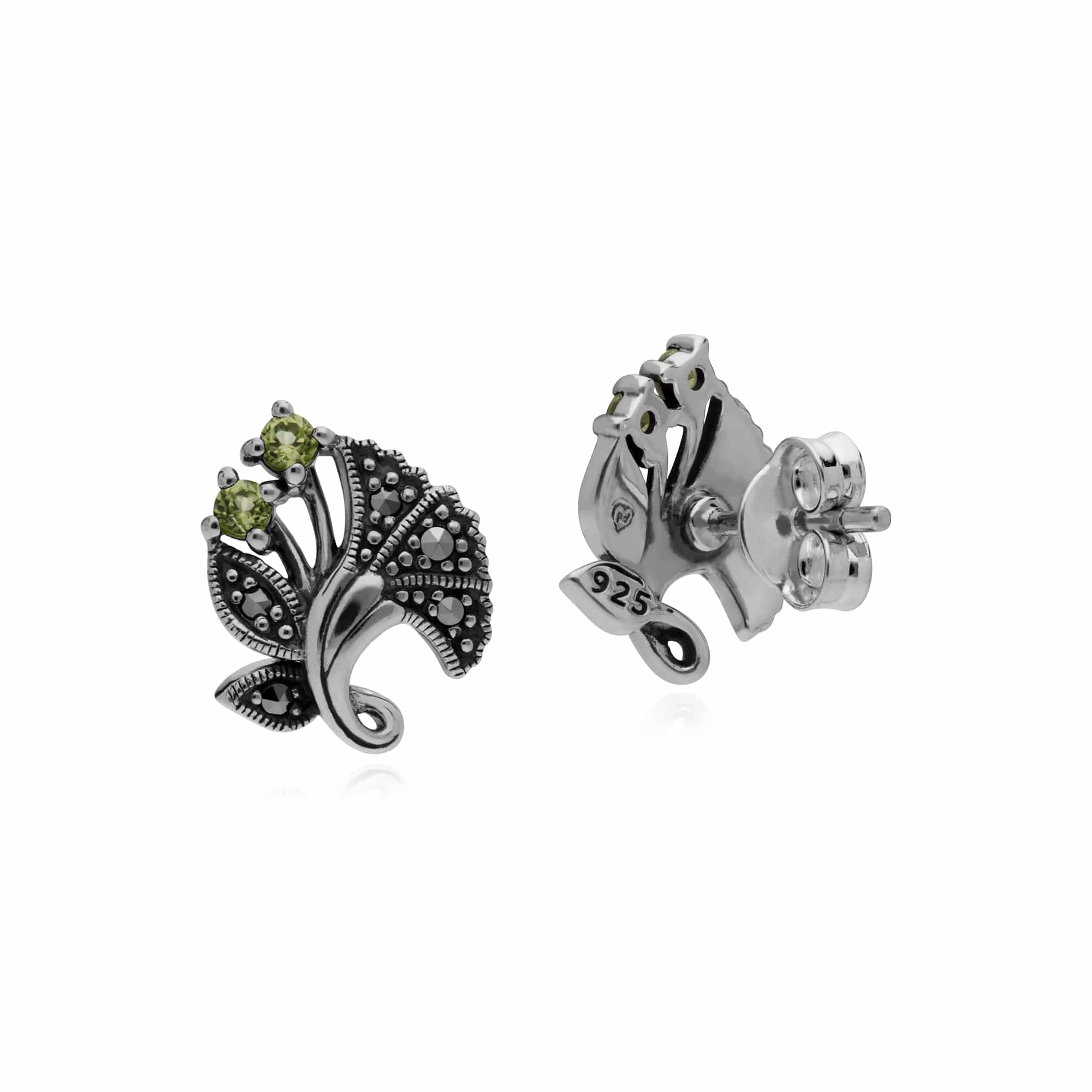 Gemondo Sterling Silver Peridot & Marcasite August Art Nouveau Stud Earrings - Gemondo