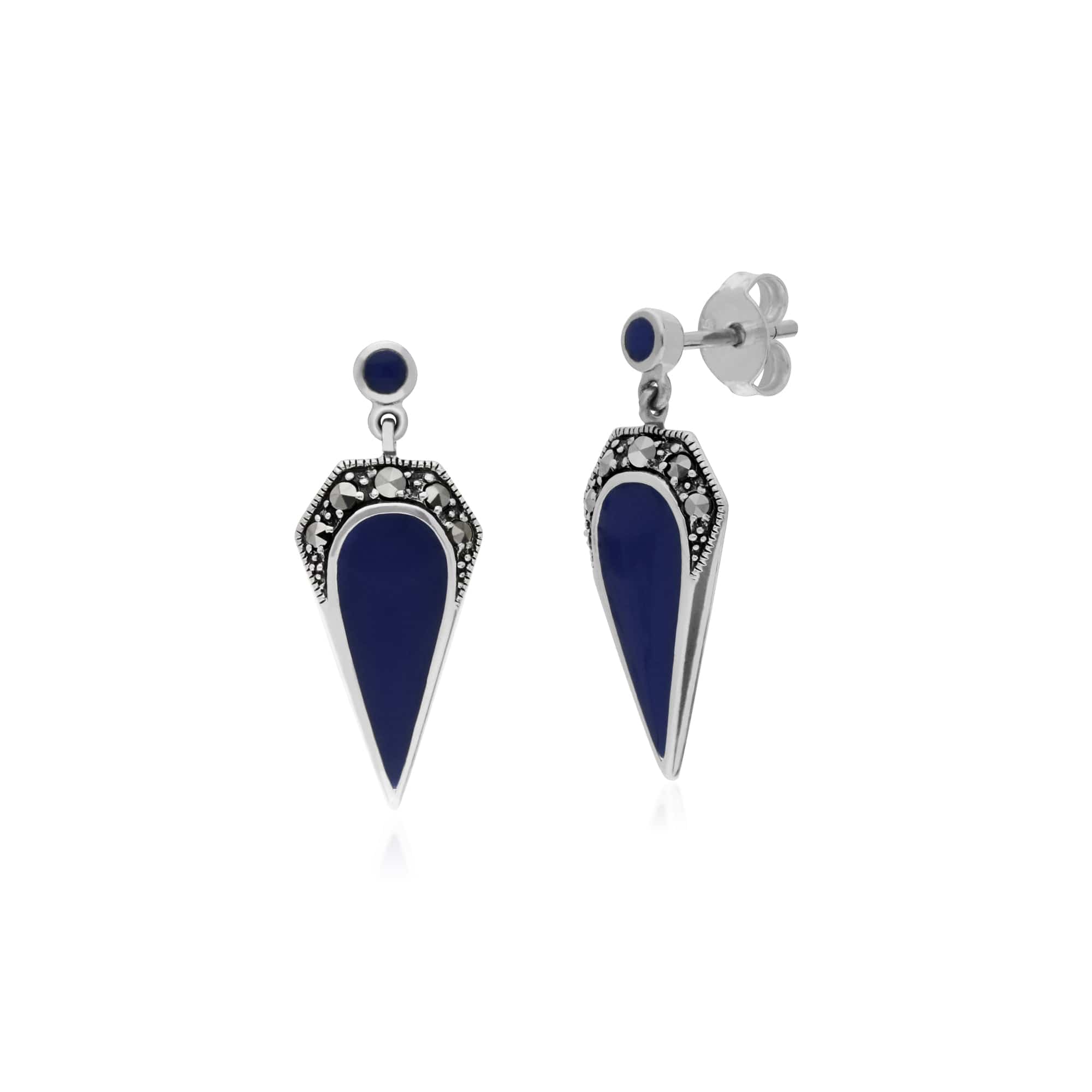 214E861001925 Gemondo Sterling Silver Marcasite & Blue Enamel Drop Earrings 1