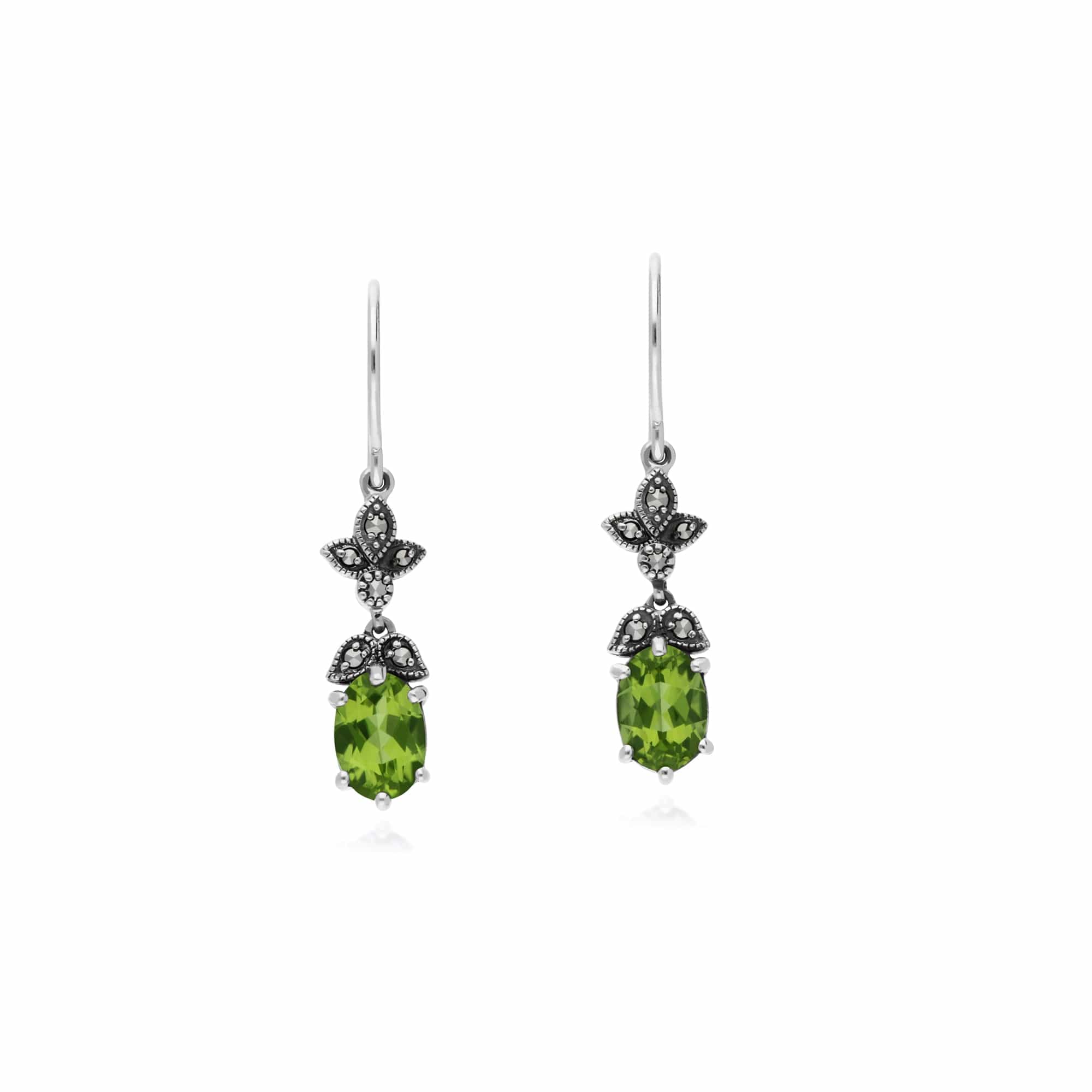 214E861104925 Art Nouveau Style Oval Peridot & Marcasite Drop Earrings in Sterling Silver 1