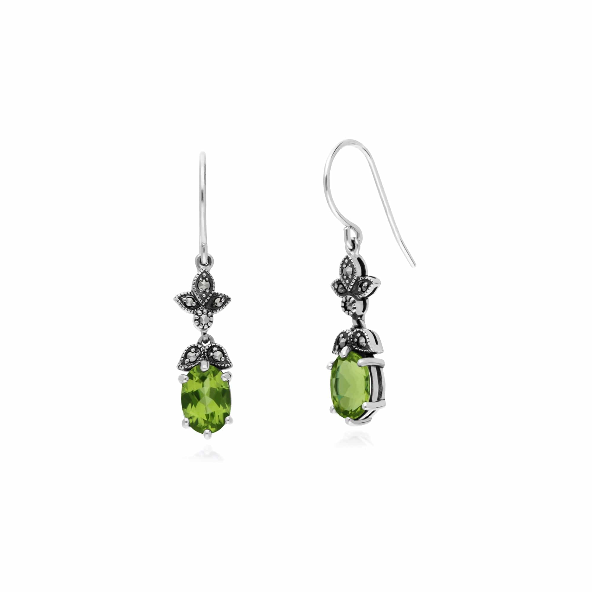 214E861104925 Art Nouveau Style Oval Peridot & Marcasite Drop Earrings in Sterling Silver 2