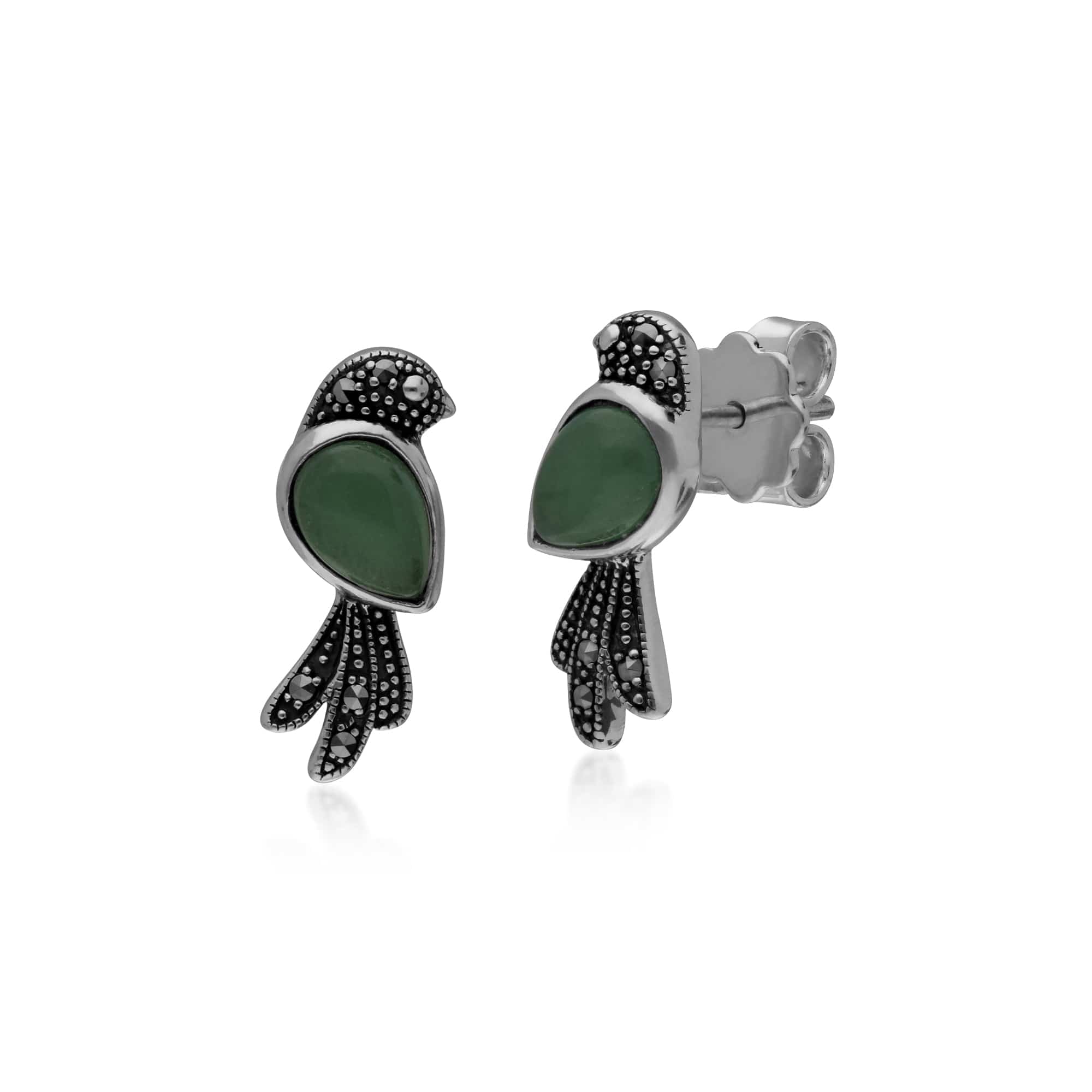 214E863802925 Classic Pear Green Jade & Marcasite Bird Stud Earrings in 925 Sterling Silver 1