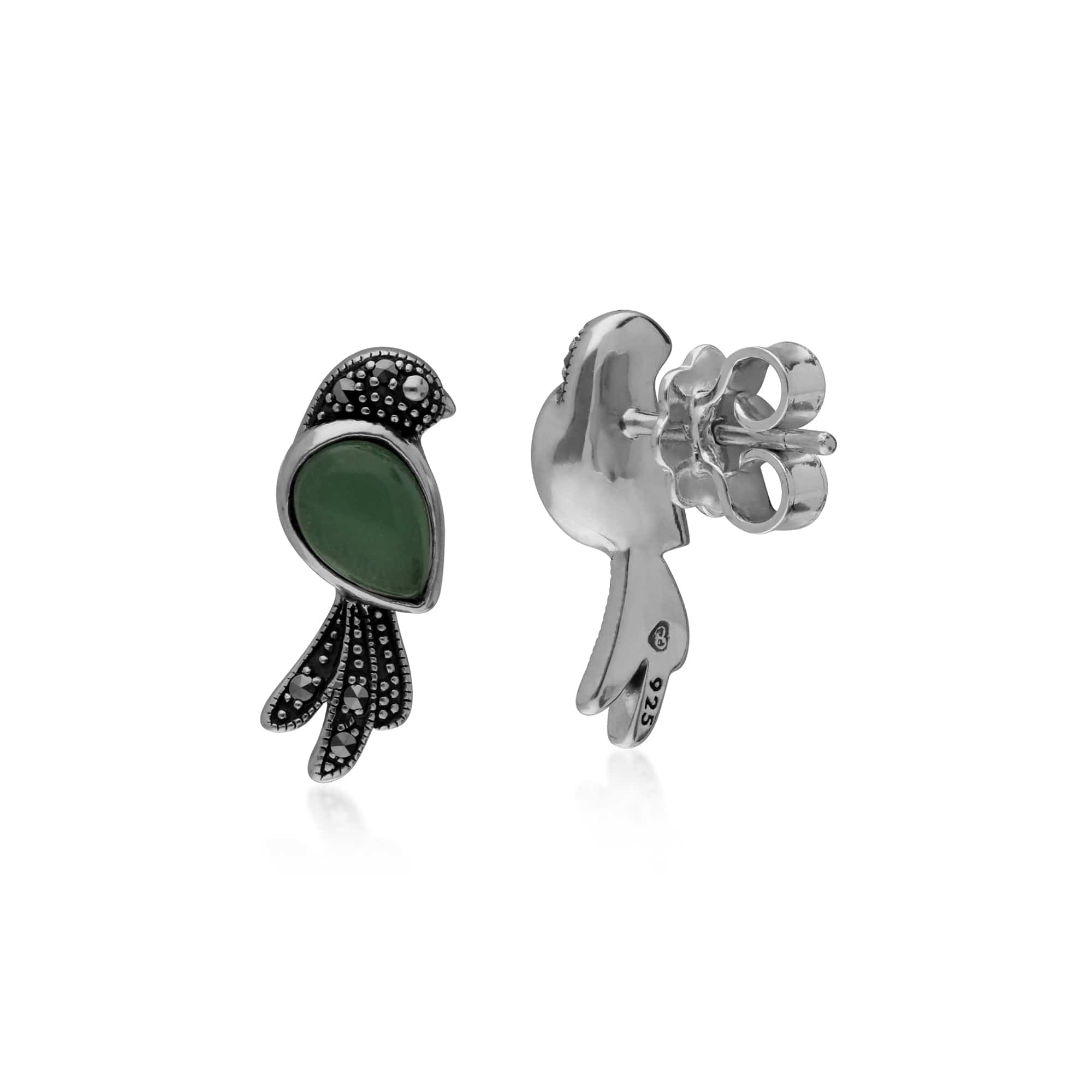 214E863802925 Classic Pear Green Jade & Marcasite Bird Stud Earrings in 925 Sterling Silver 2