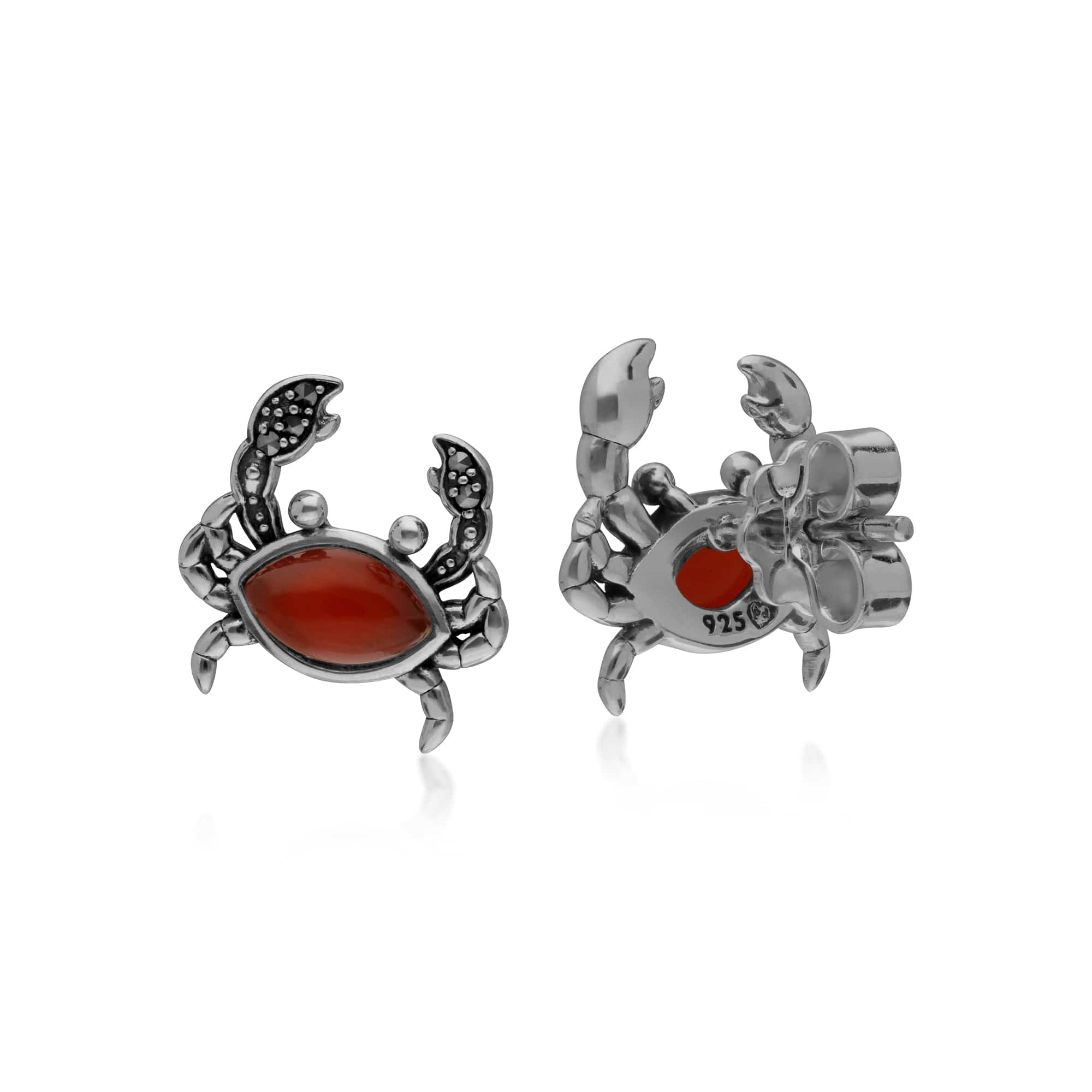214E864003925 Red Dyed Carnelian & Marcasite Crab Stud Earrings In 925 Sterling Silver 4