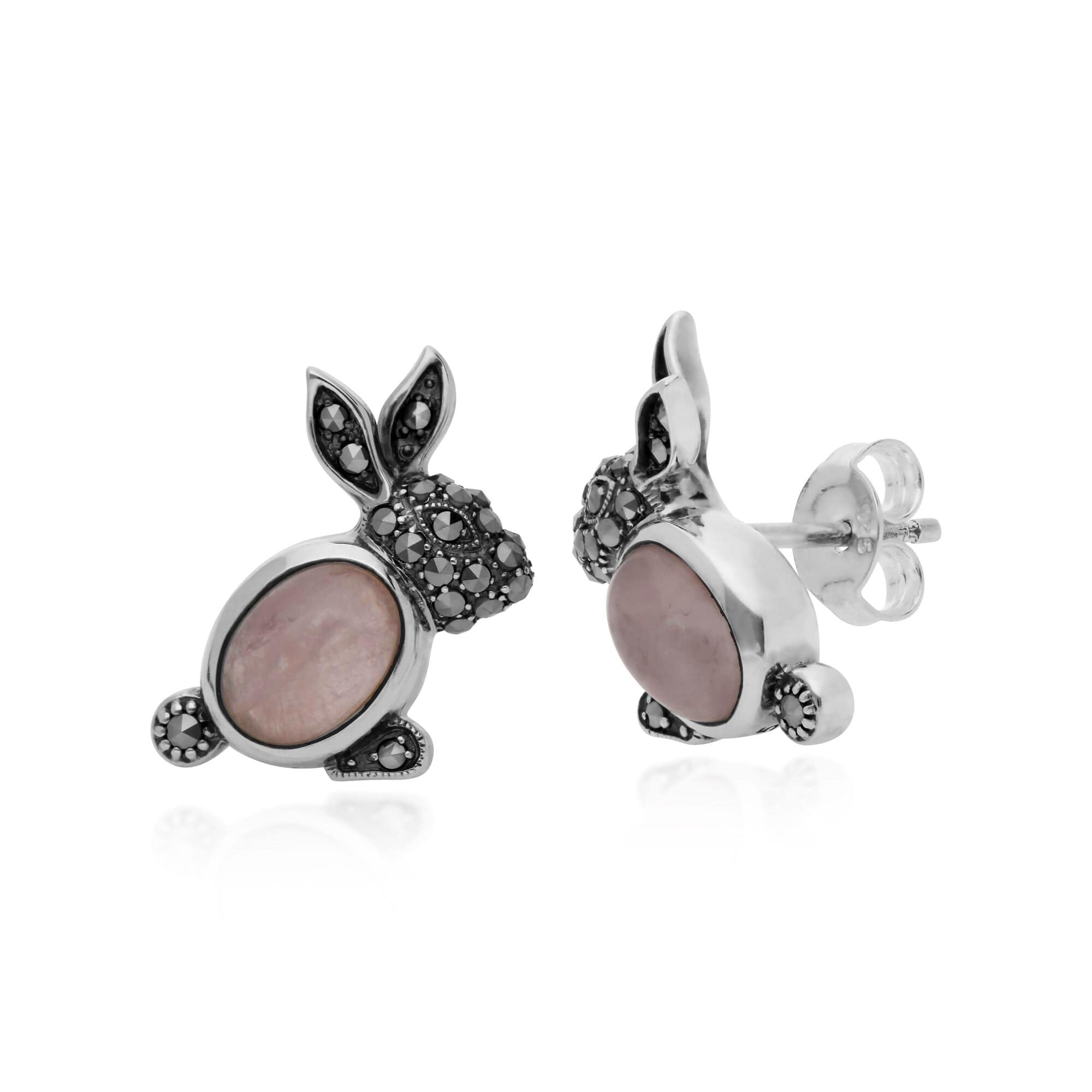 214E869201925 Gemondo Sterling Silver Rose Quartz & Marcasite Rabbit Stud Earrings 1