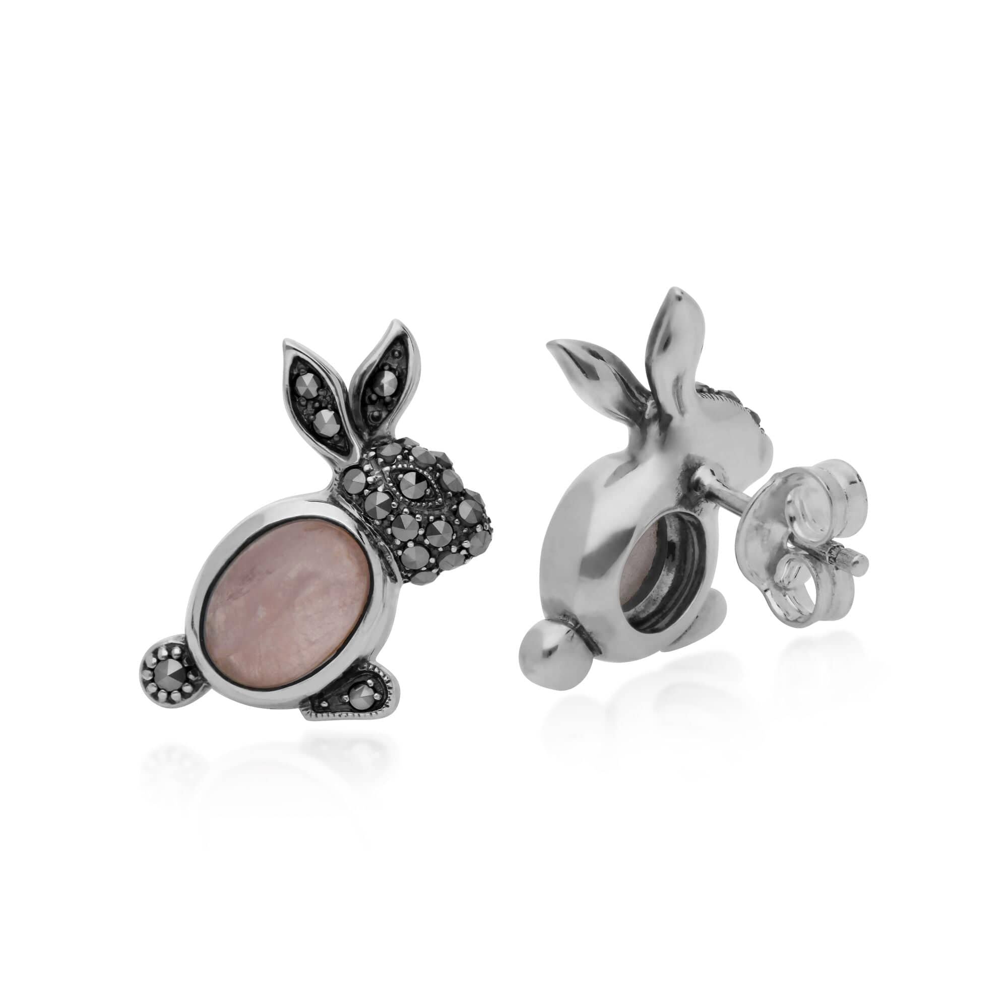 214E869201925 Gemondo Sterling Silver Rose Quartz & Marcasite Rabbit Stud Earrings 2
