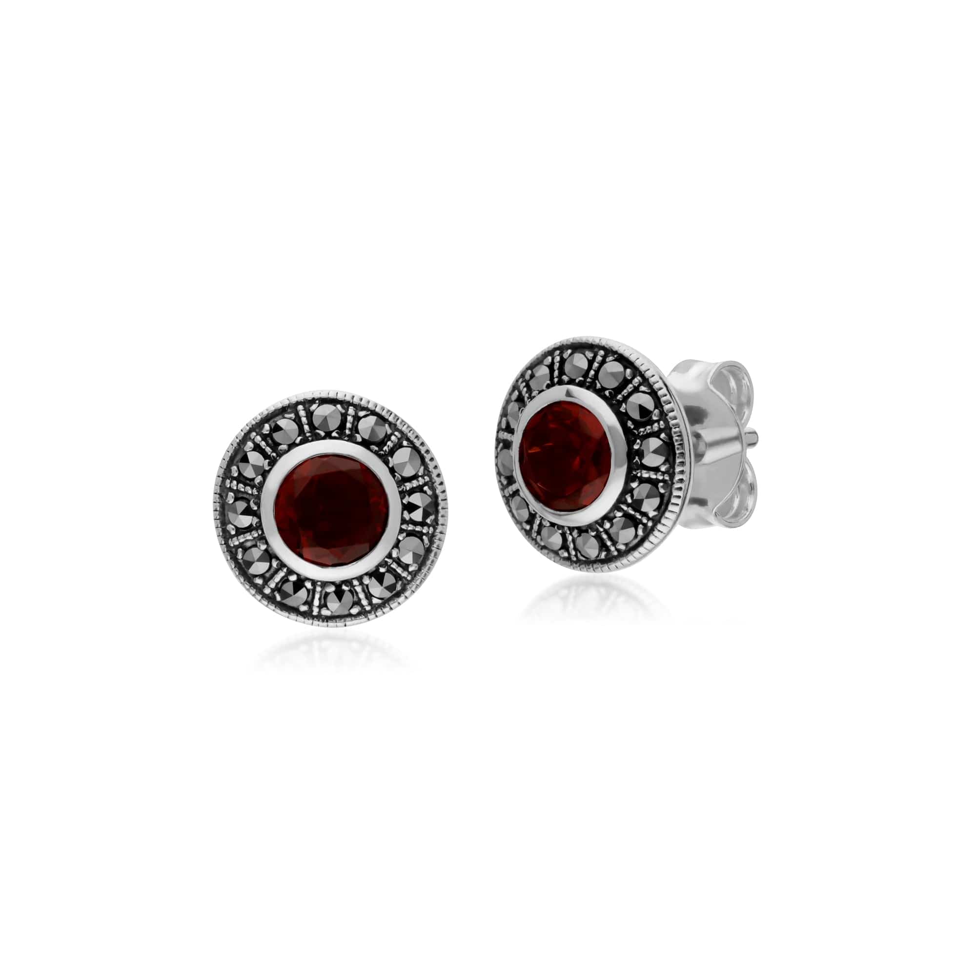 Art Deco Style Round Garnet & Marcasite Stud Earrings in 925 Sterling Silver - Gemondo