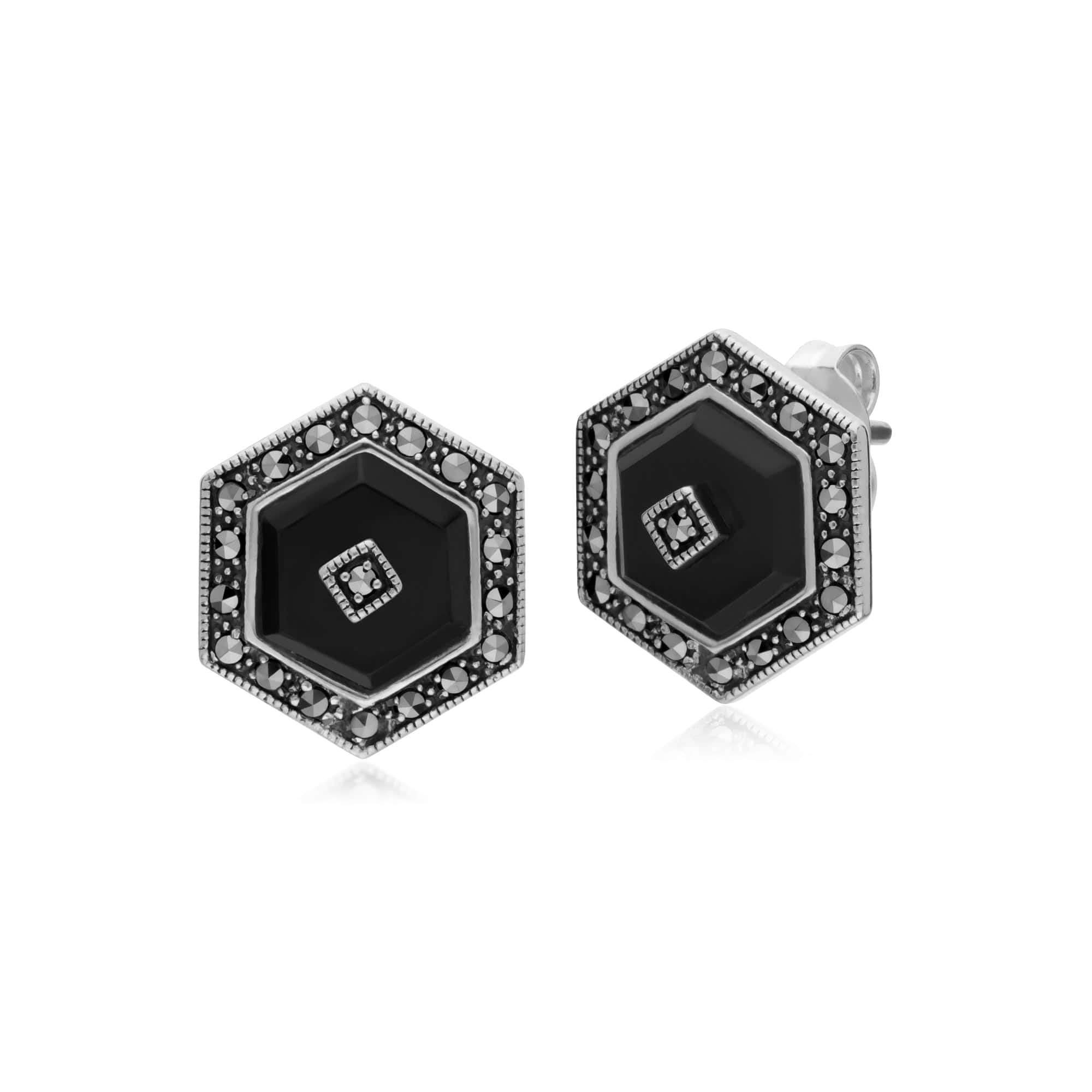 214E872902925 Gemondo Sterling Silver Black Onyx and Marcasite Hexagon Stud Earrings 1