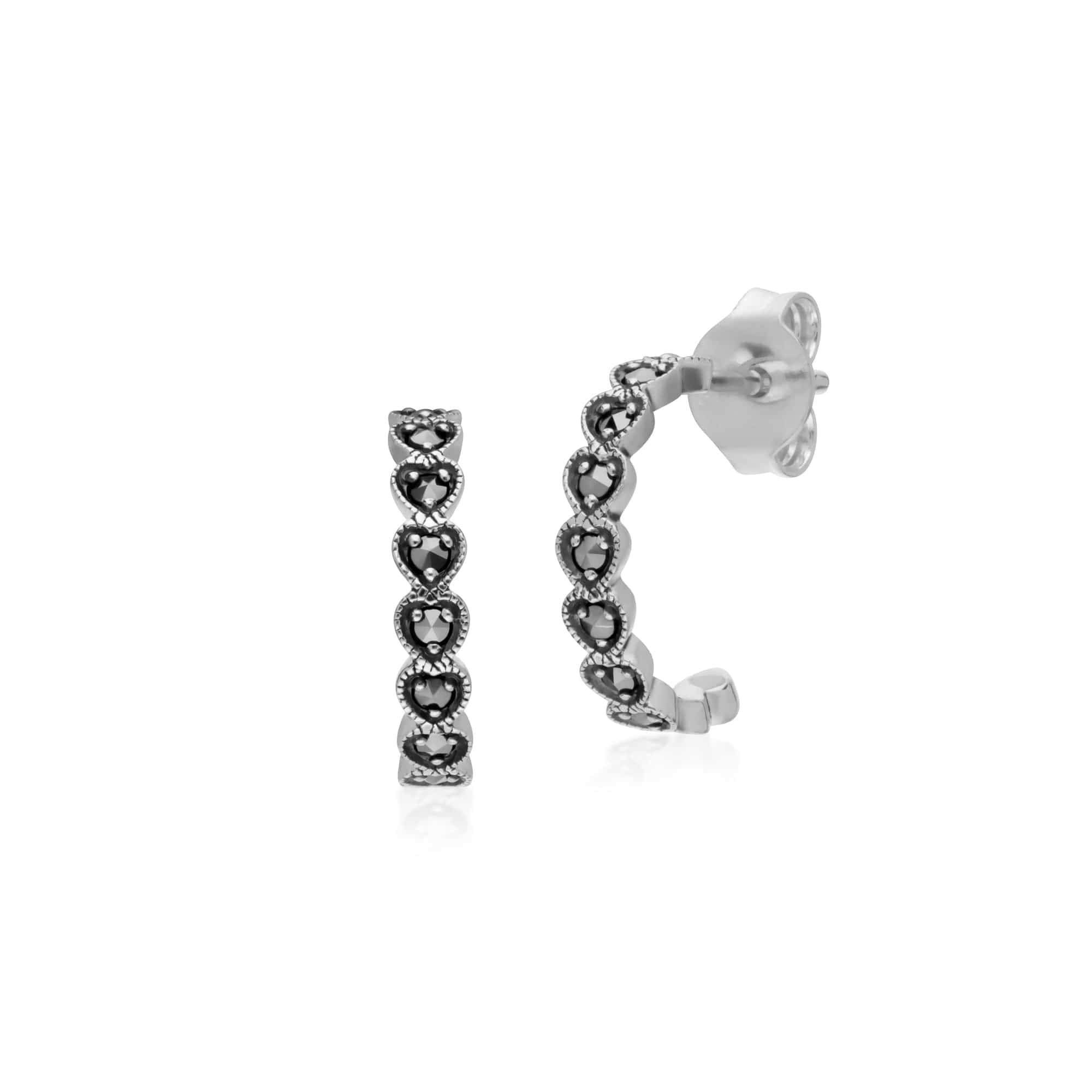 Heart Marcasite Half Hoop Earrings in 925 Sterling Silver 