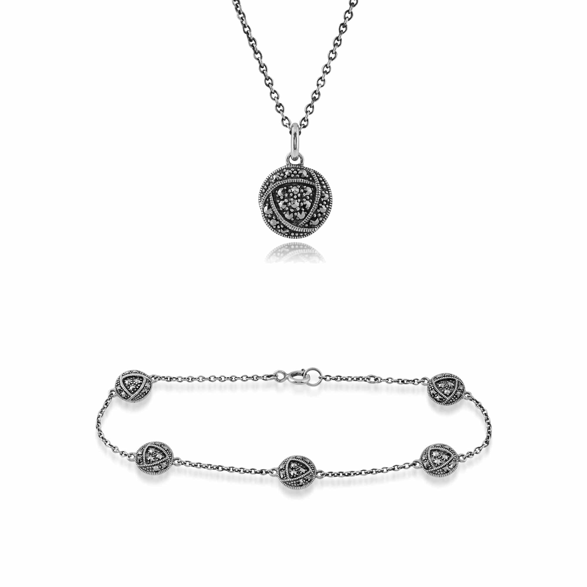 214N678001925-214L161601925 Rennie Mackintosh Inspired Round Marcasite Glasgow Rose Pendant & Bracelet Set in 925 Sterling Silver 1