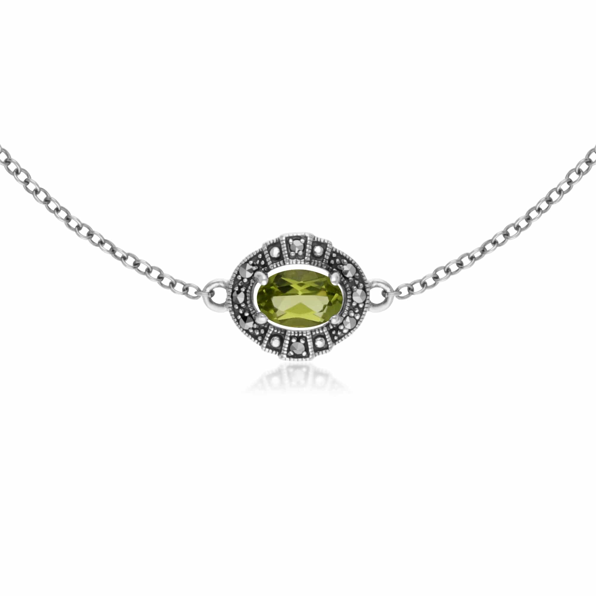 214L165404925 Art Deco Style Oval Peridot & Marcasite Cluster Bracelet in 925 Sterling Silver 1