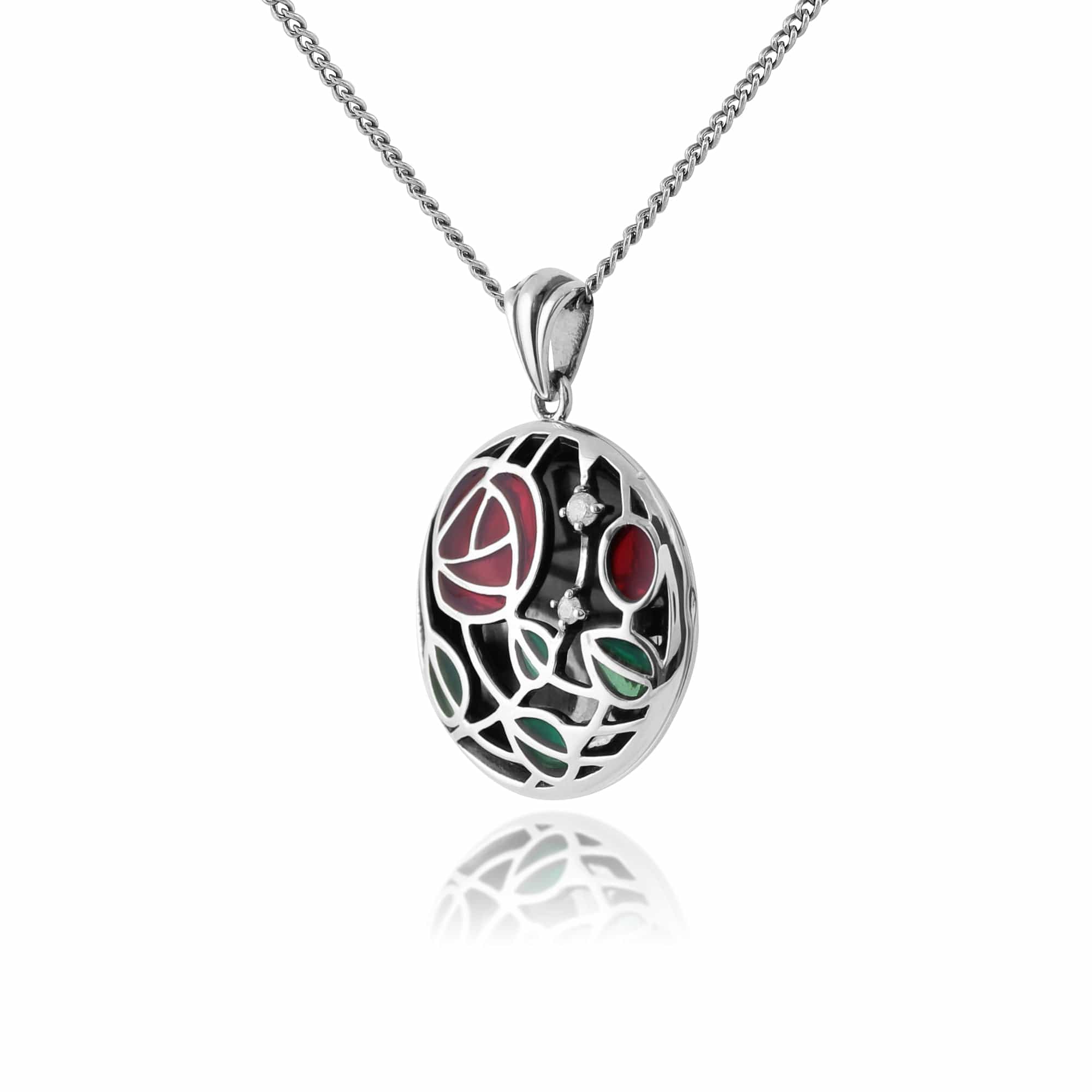 Rennie Mackintosh Round Diamond & Enamel Locket on Chain in 925 Sterling Silver - Gemondo