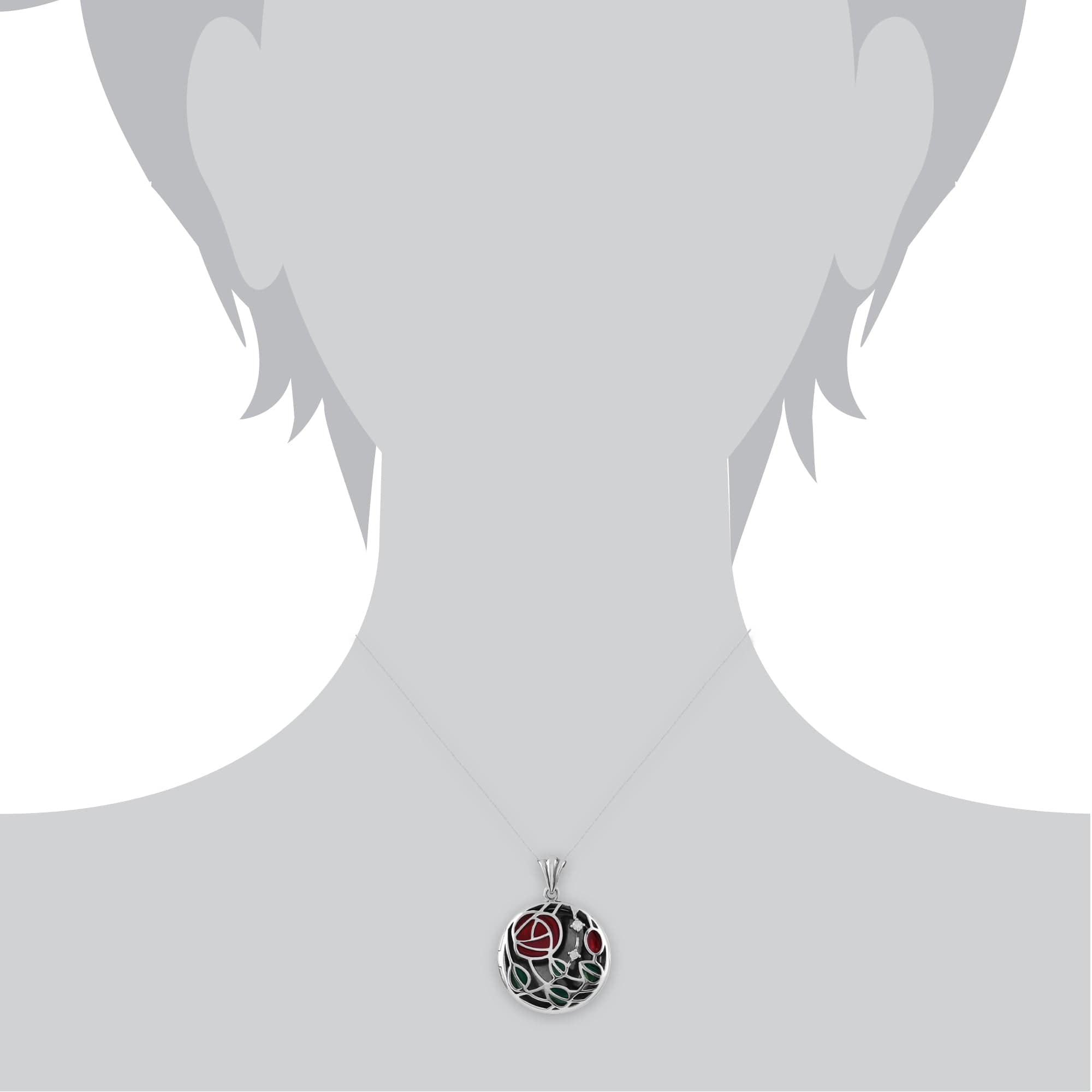 Rennie Mackintosh Round Diamond & Enamel Locket on Chain in 925 Sterling Silver - Gemondo