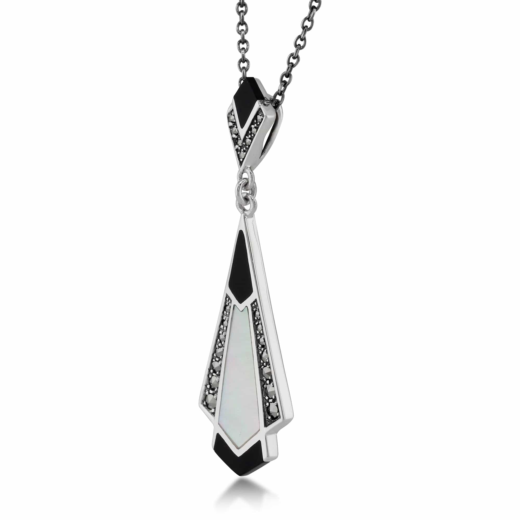 Art Deco Style Cabochon Black Onyx, Mother of Pearl & Marcasite Pendant in 925 Sterling Silver - Gemondo