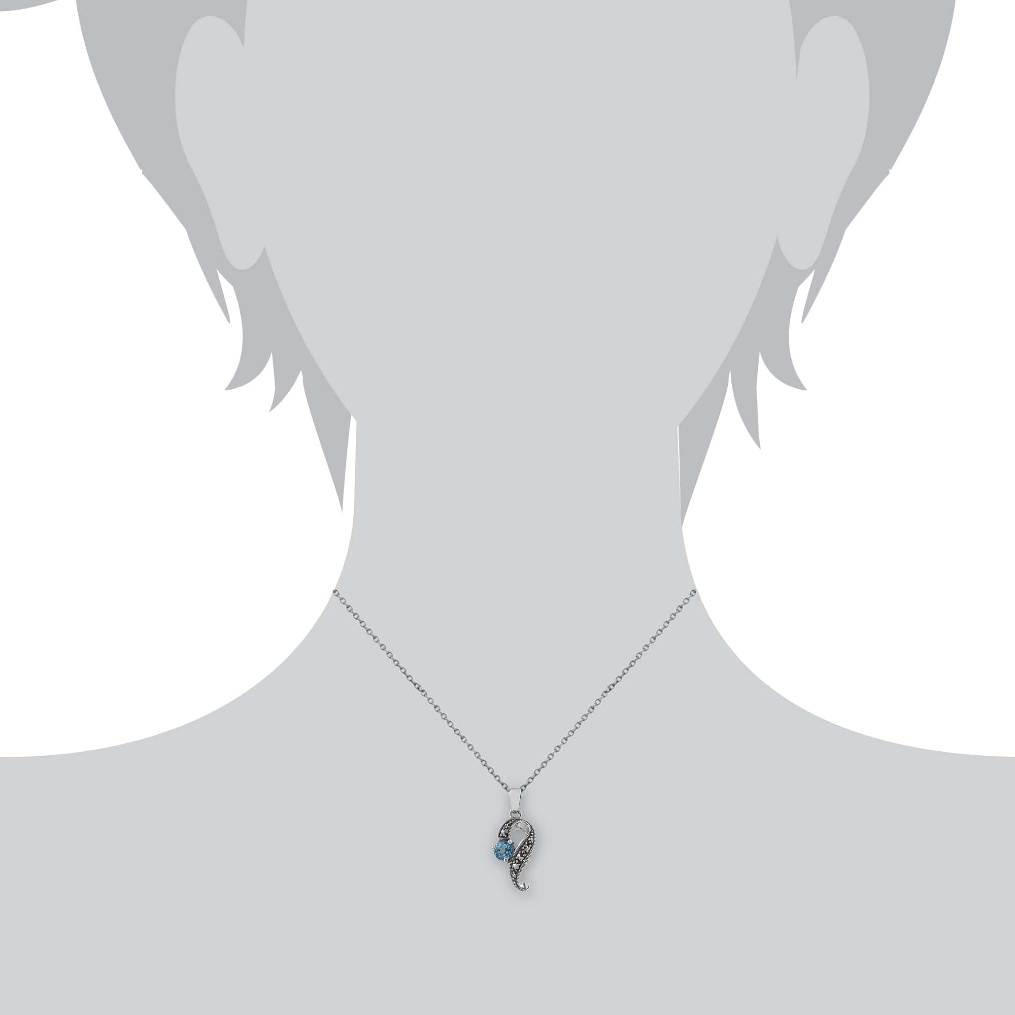 Art Nouveau Style Round Blue Topaz & Marcasite Swirl Pendant in 925 Sterling Silver - Gemondo