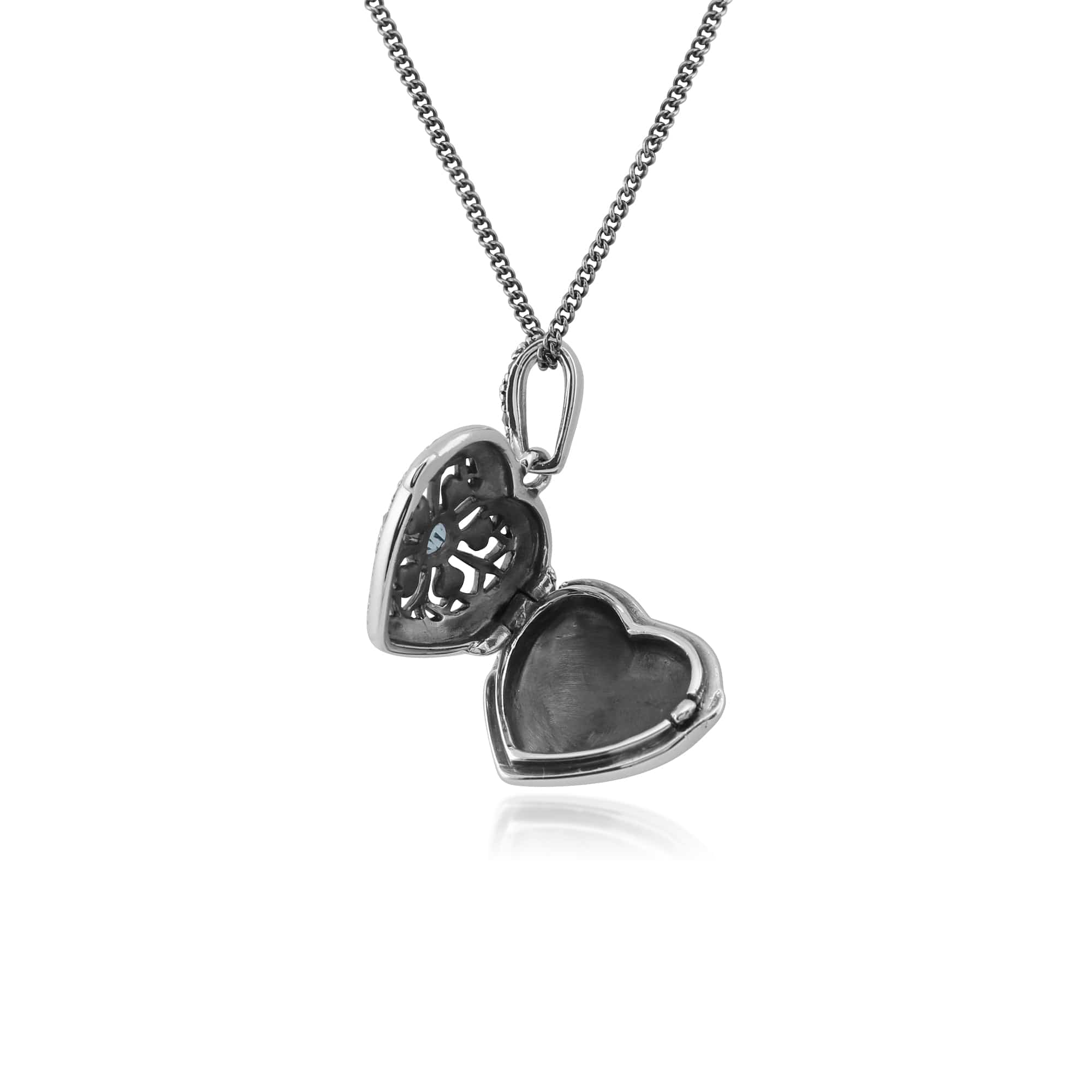 Art Nouveau Style Round Aquamarine & Marcasite Heart Necklace in 925 Sterling Silver - Gemondo